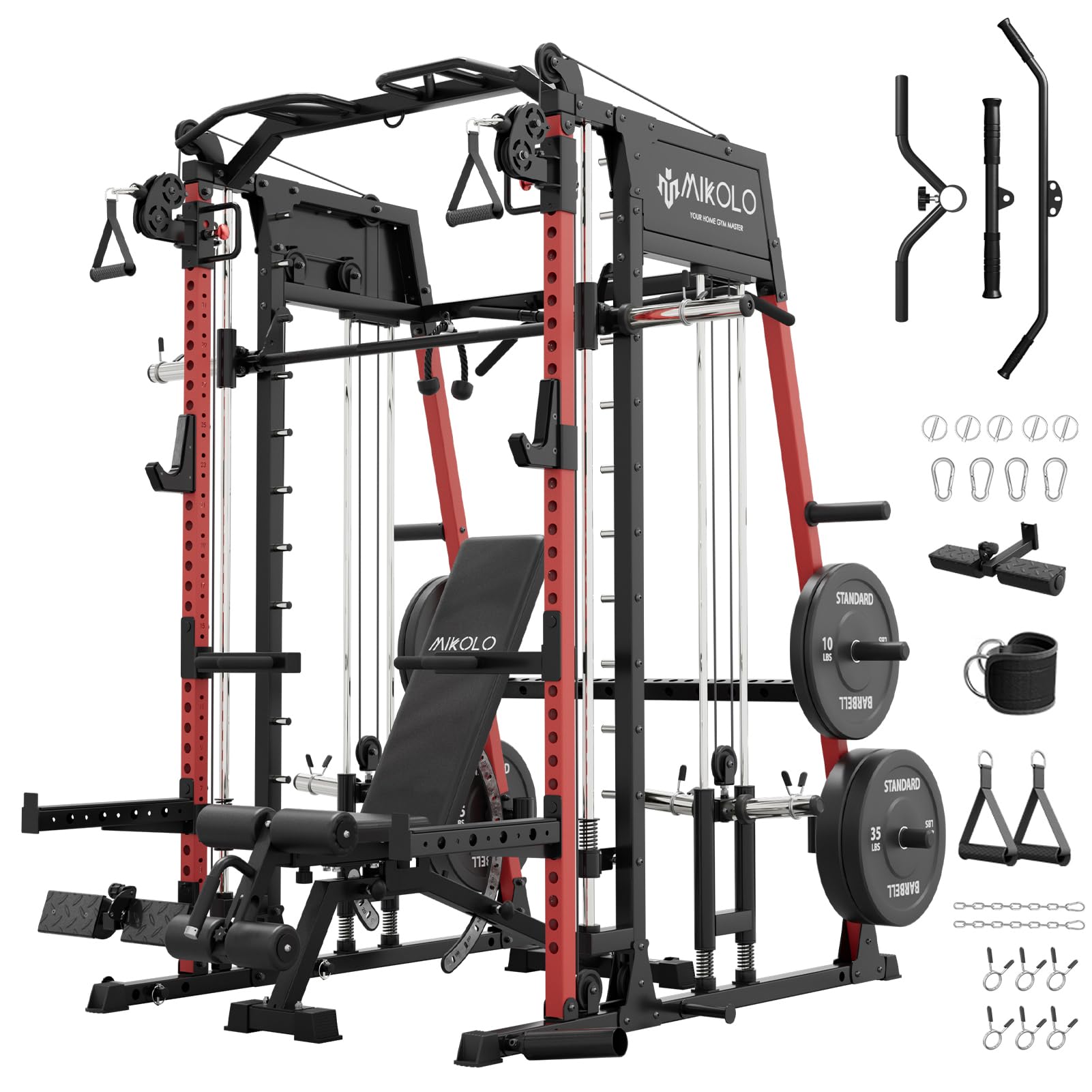Mikolo M4 2.0 Smith Machine, 2200lbs Squat Rack with LAT-Pull Down System & Cable Crossover Machine, Training Equipment with Leg Hold-Down Attachment