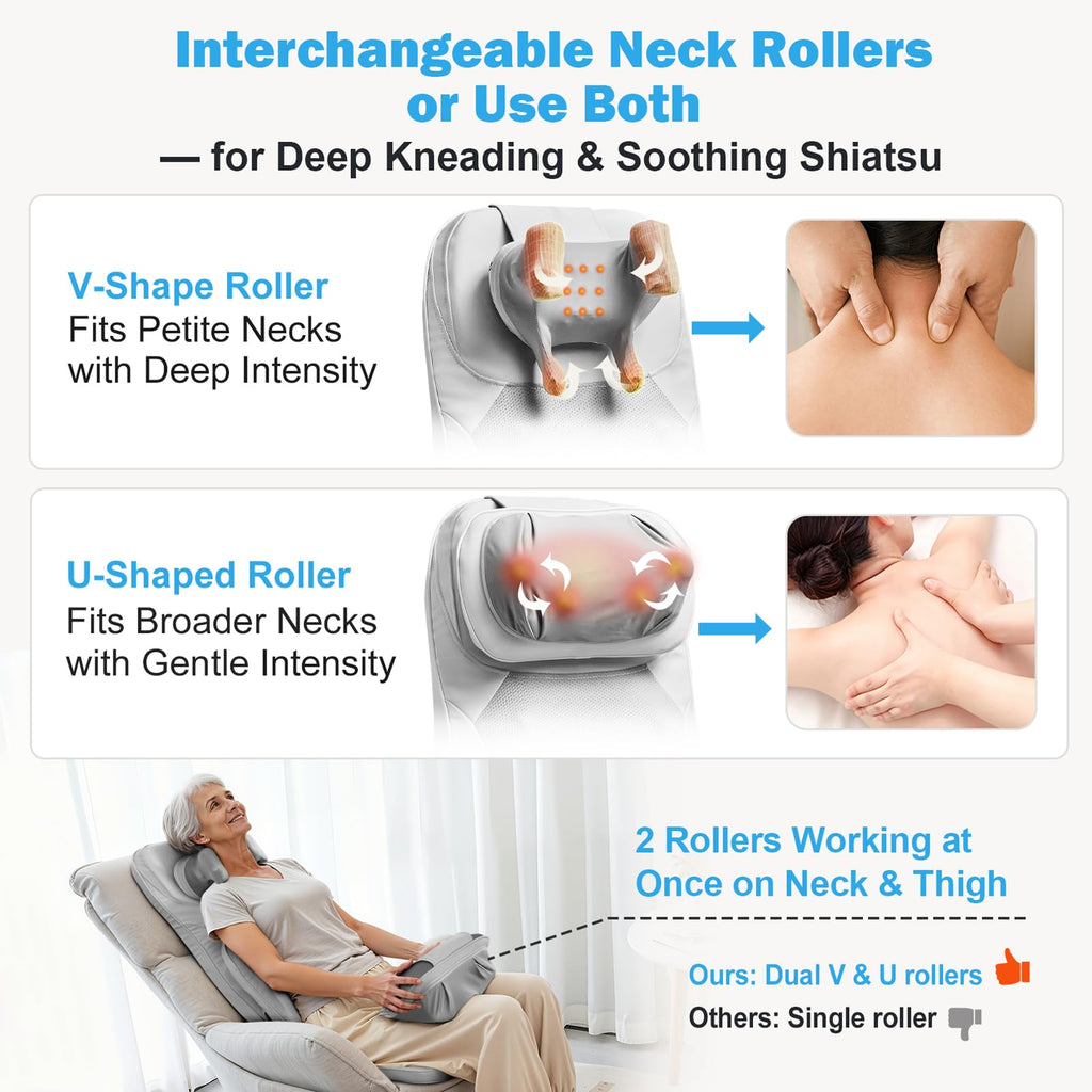 Shiatsu Neck Back Massage Cushion with Heat - 4D Kneading Massager w/Vibration, Dual-Neck Design, Adjustable Intensity/Height, Ease Muscle Tightness from Long Sitting, for Office, Home, Blue