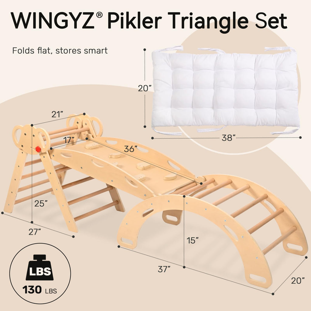 WINGYZ Pikler Triangle Set, Montessori Foldable 8-in-1 Jungle Gym & Reversible Animal Slide, Patent-Protected Climbing Set, Safe 2.35" Gap ASTM F963 Standards for Toddlers 18 Months-5 Years (Rainbow)