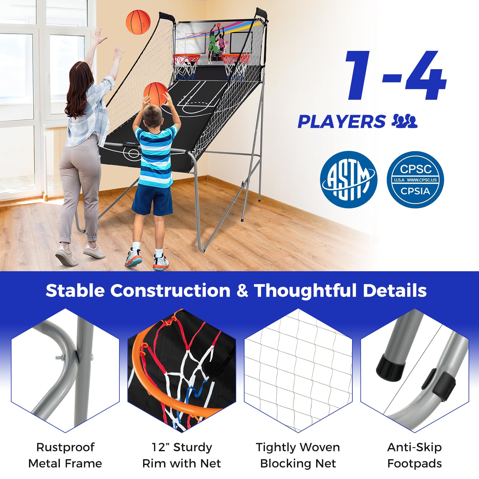 KOTEK Basketball Arcade Game Indoor, Foldable Dual Shot Electronic Basketball Games for 2 Players w/8 Game Options & LED Scoring System, Basketball Hoop Arcade for Family Home Play (Green)
