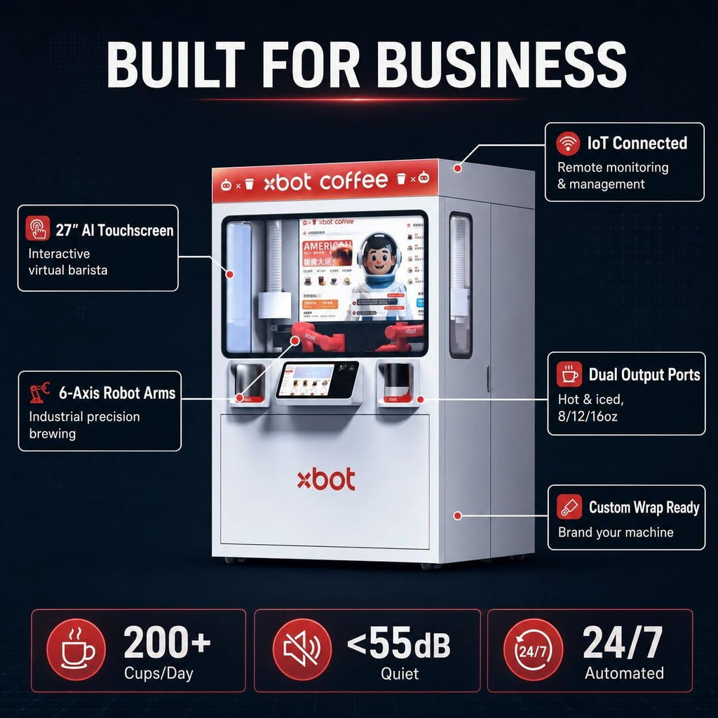 Xbot Coffee Automated Robot Barista Machine with AI Robotic Arms and Intelligent Ordering System, Automatic vending machince, Hot & Cold Brewer for Espresso, Latte, Cappuccino, Americano