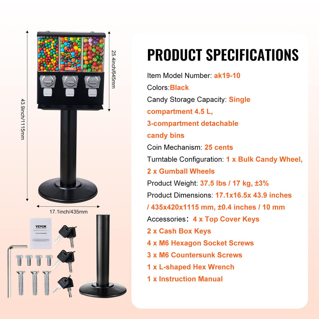 VEVOR Commercial Vending Machine, Four Compartment Rotatable Gumball and Candy Dispenser, Adjustable Height Coin Operated Candy Bank with Iron Stand, for Business Toy Capsules Bouncy Balls Nut, Blue
