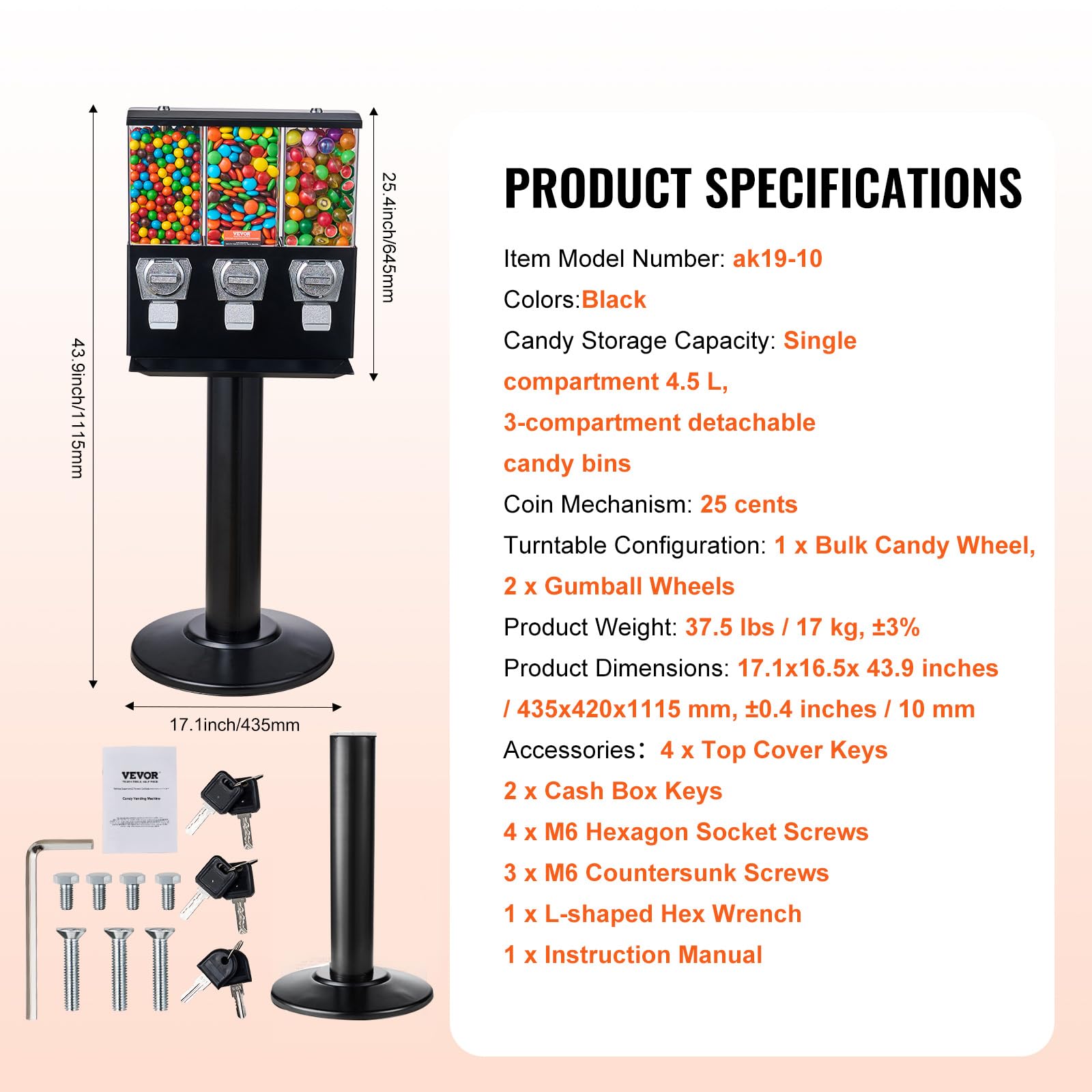 VEVOR Commercial Vending Machine, Four Compartment Rotatable Gumball and Candy Dispenser, Adjustable Height Coin Operated Candy Bank with Iron Stand, for Business Toy Capsules Bouncy Balls Nut, Blue