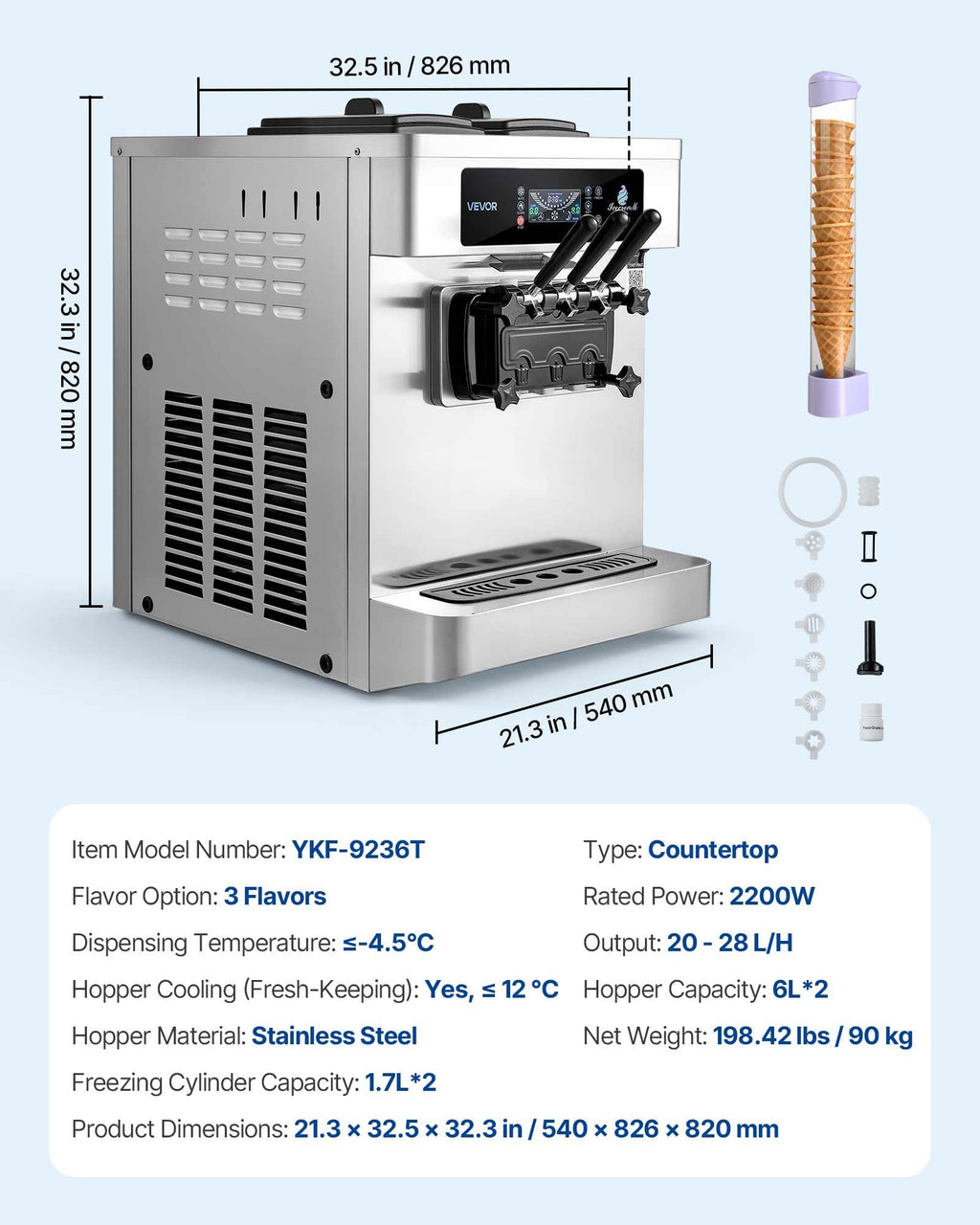 VEVOR Commercial Ice Cream Machine, 21 QT/H Soft Serve Ice Cream Maker with LCD Panel Auto Clean 3-Flavor Pre-cooling for Restaurant Snack Bar