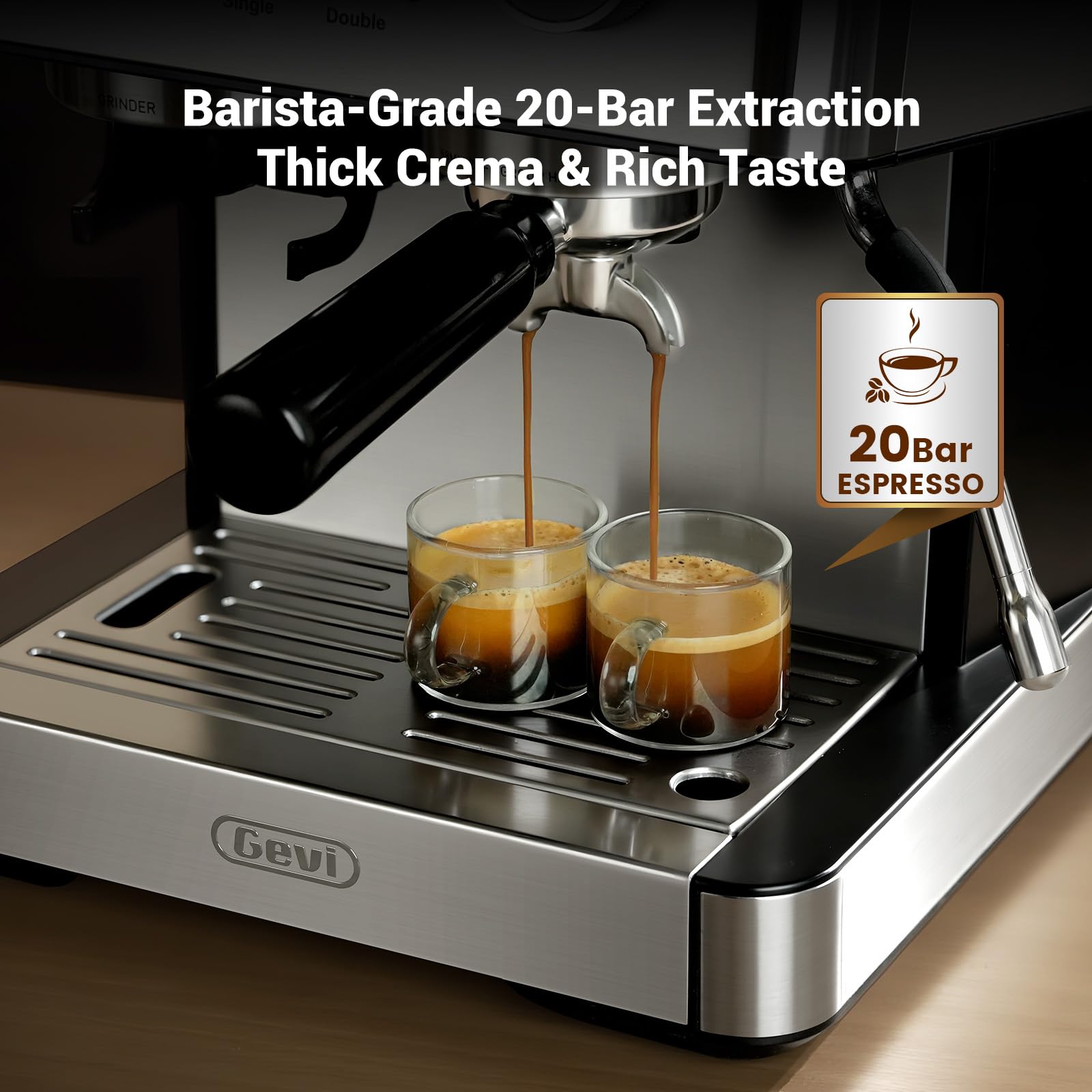 Gevi 20 Bar Espresso Machine with Built-in Grinder & Milk Frother | Professional Coffee Maker for Home | Cappuccino, Latte, 2.3L Removable Water Tank, Stainless Steel Steam Wand