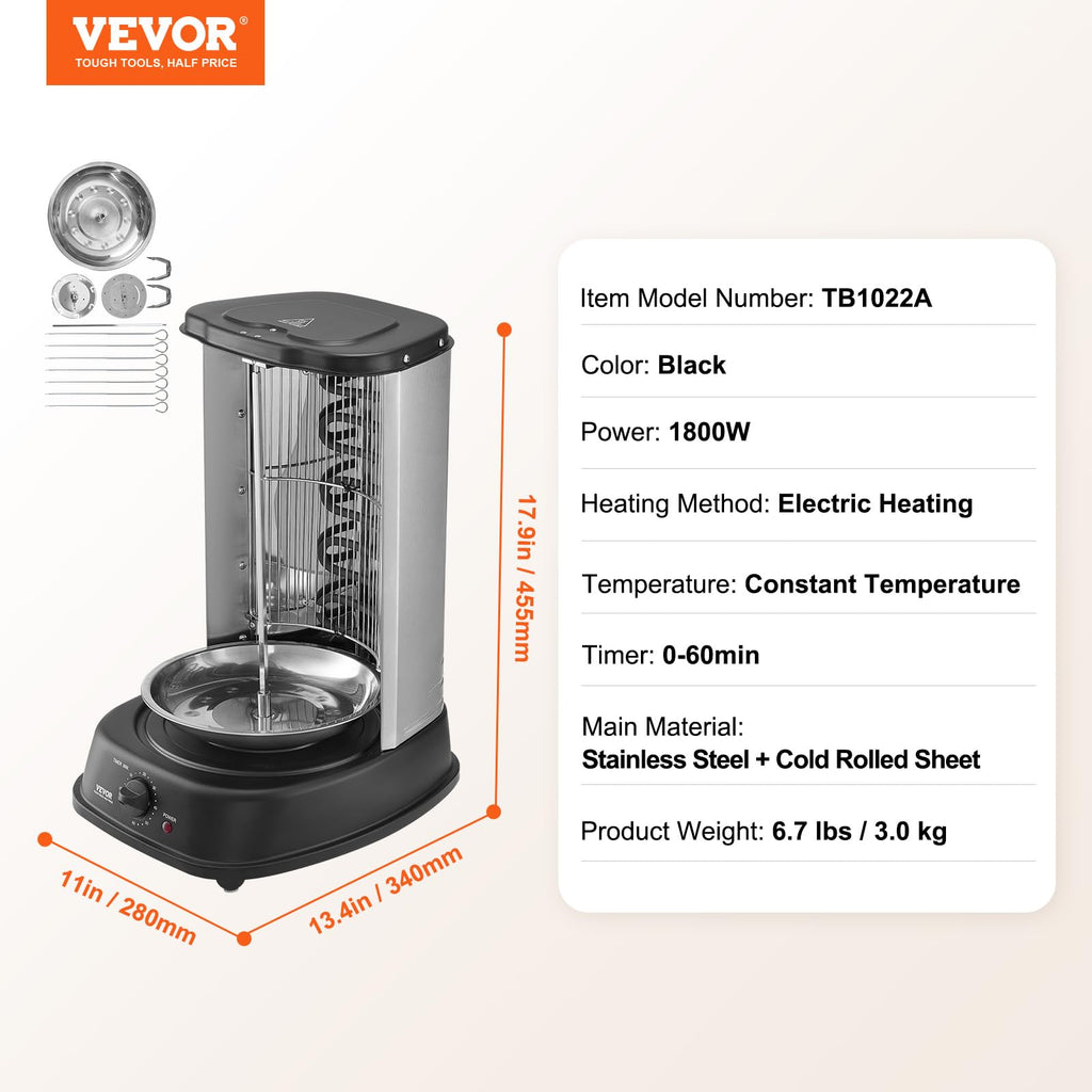 VEVOR Shawarma Grill Machine, Chicken Shawarma Cooker Machine Countertop, Electric Stainless Steel Broiler Gyro Rotisserie Oven Doner Kebab Machine, for Home Restaurant Kitchen Parties