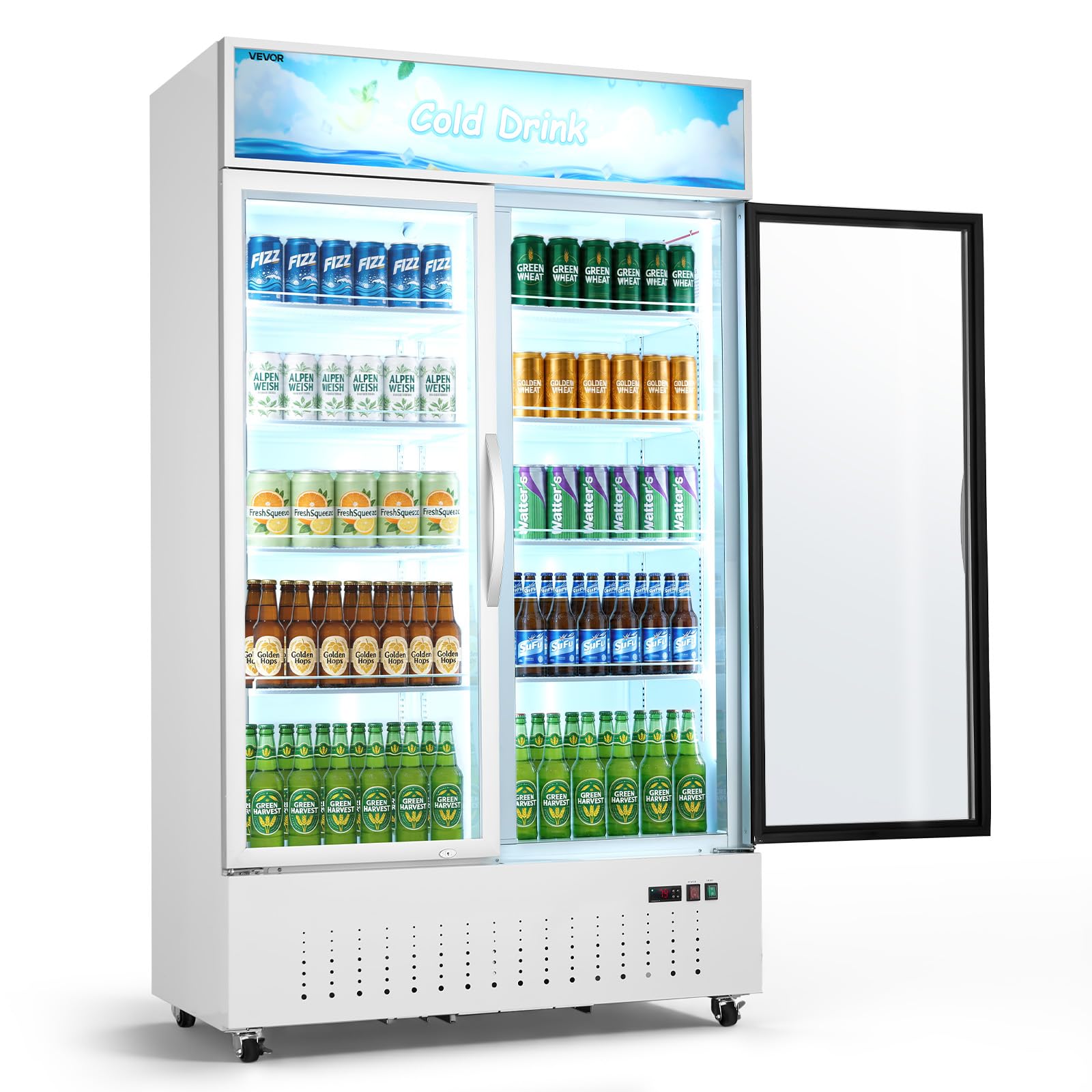 VEVOR Commercial Merchandiser Refrigerator, 6.9 Cu.Ft / 195L Glass Door Display Refrigerator, Upright Beverage Cooler Fridge with 4 Adjustable Shelves, Soft LED Light & Casters for Homes Shops Bars