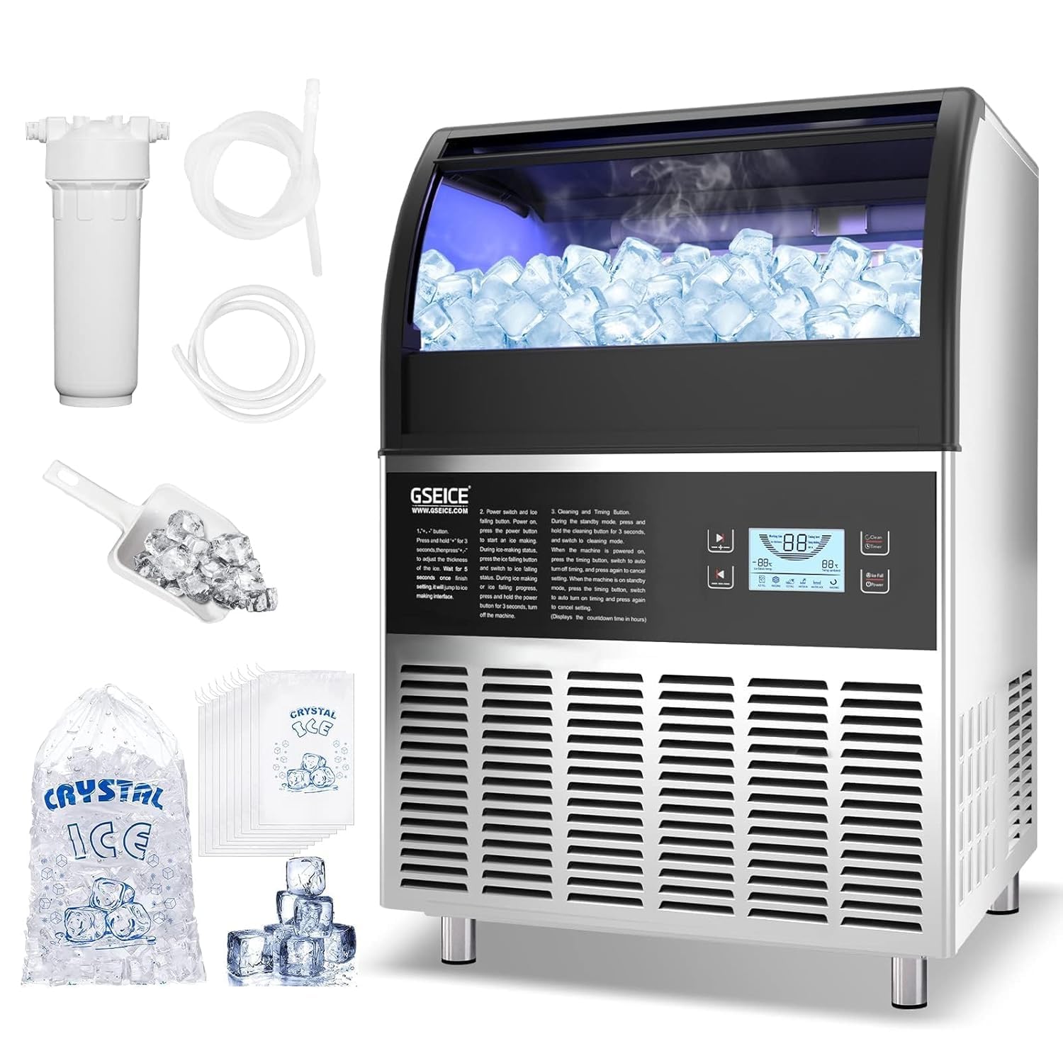 Commercial Ice Maker Machine - 200LBS/24H Under Counter Ice Machine with 70LBS Storage Bin, 90 Ice Cubes in 11Min, Stainless Steel Freestanding Ice Making Machine for Home Bar Outdoor