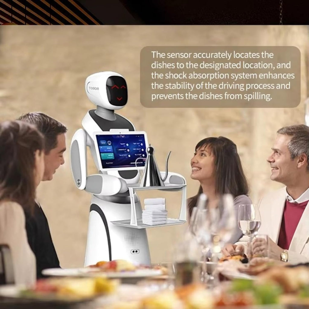 Restaurant Delivery Robot with Smart Navigation and Autonomous Obstacle Avoidance, AI Service Robot with Dual Tray, Touch Screen and Voice Assistant for Restaurant Hotel Cafe Hospitality Service