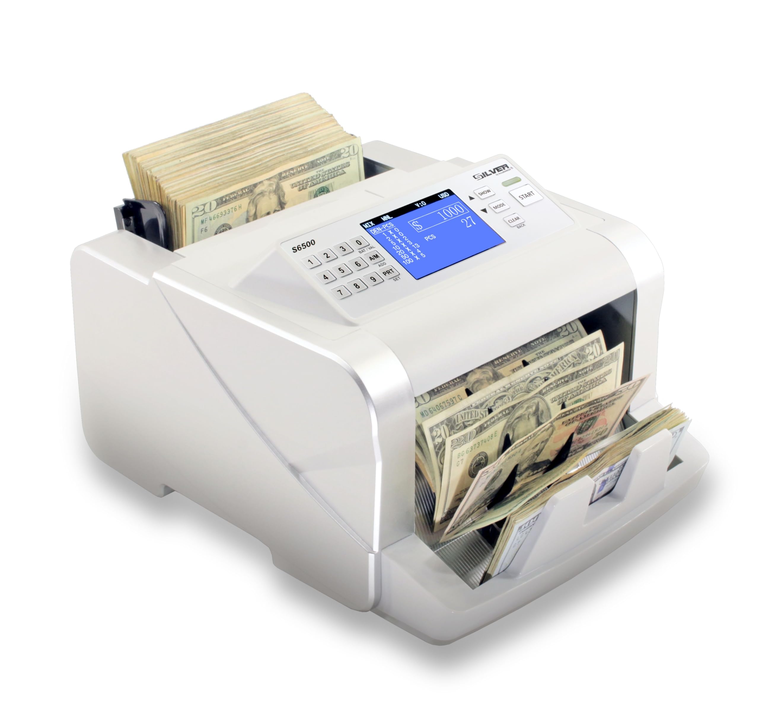 USD EUR CAD GBP MXN Money Counter Machine, Quick Mixed Denomination Bill Counter, Counterfeit Detection UV/MG/IR/DD/MT/DBL/HLF/CHN, with Printer Included, S6500