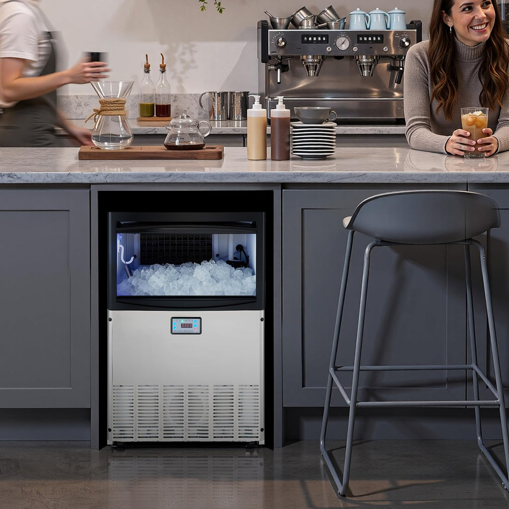 VEVOR Commercial Ice Maker Machine, 100 lbs/24h with 30-35 lbs Storage, Bullet Ice,Built-in/Freestanding/Under Counter, Stainless Steel Ice Maker with LED Display for Home Bar Restaurant