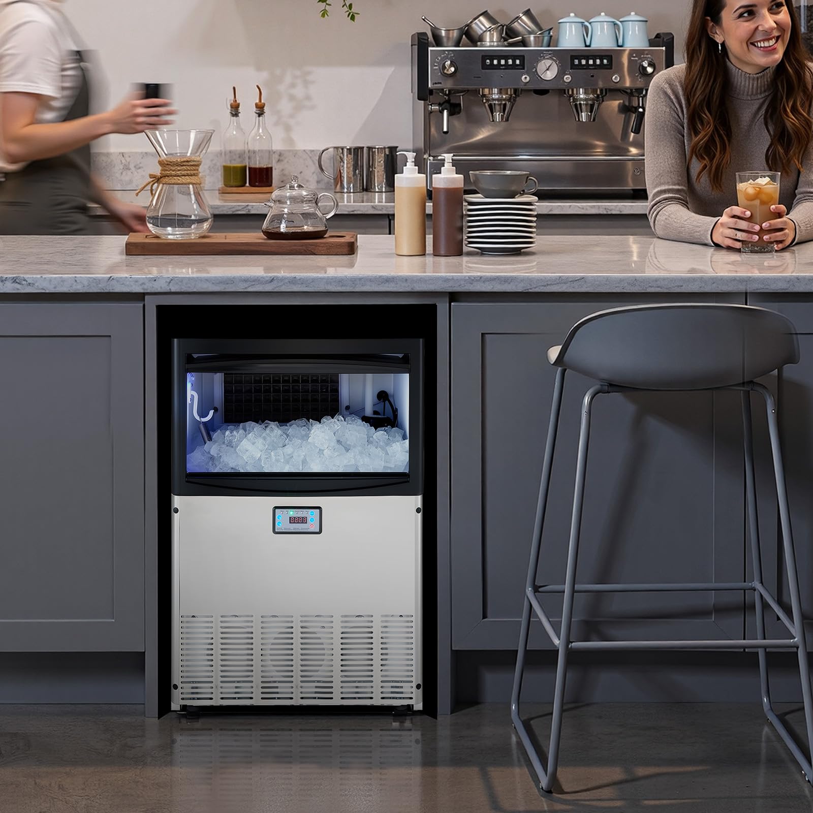VEVOR Commercial Ice Maker Machine, 100 lbs/24h with 30-35 lbs Storage, Bullet Ice,Built-in/Freestanding/Under Counter, Stainless Steel Ice Maker with LED Display for Home Bar Restaurant