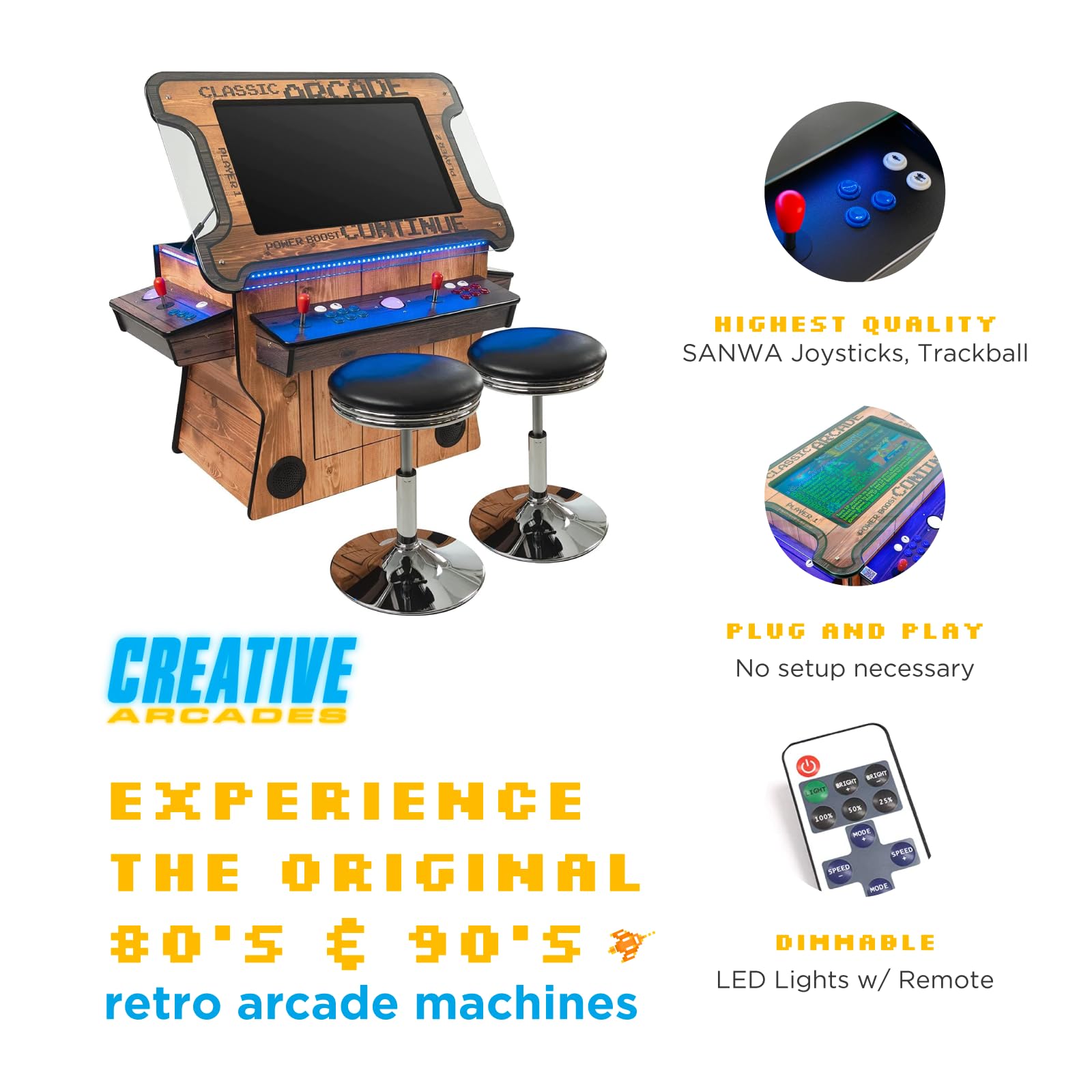 Creative Arcades Full Size Commercial Grade Cocktail Arcade Machine w/Lifting Screen | Trackball | Three-Sided | 4 Sanwa Joysticks | 2 Stools (4500 Games & 32" Screen & Woodgrain Edition)