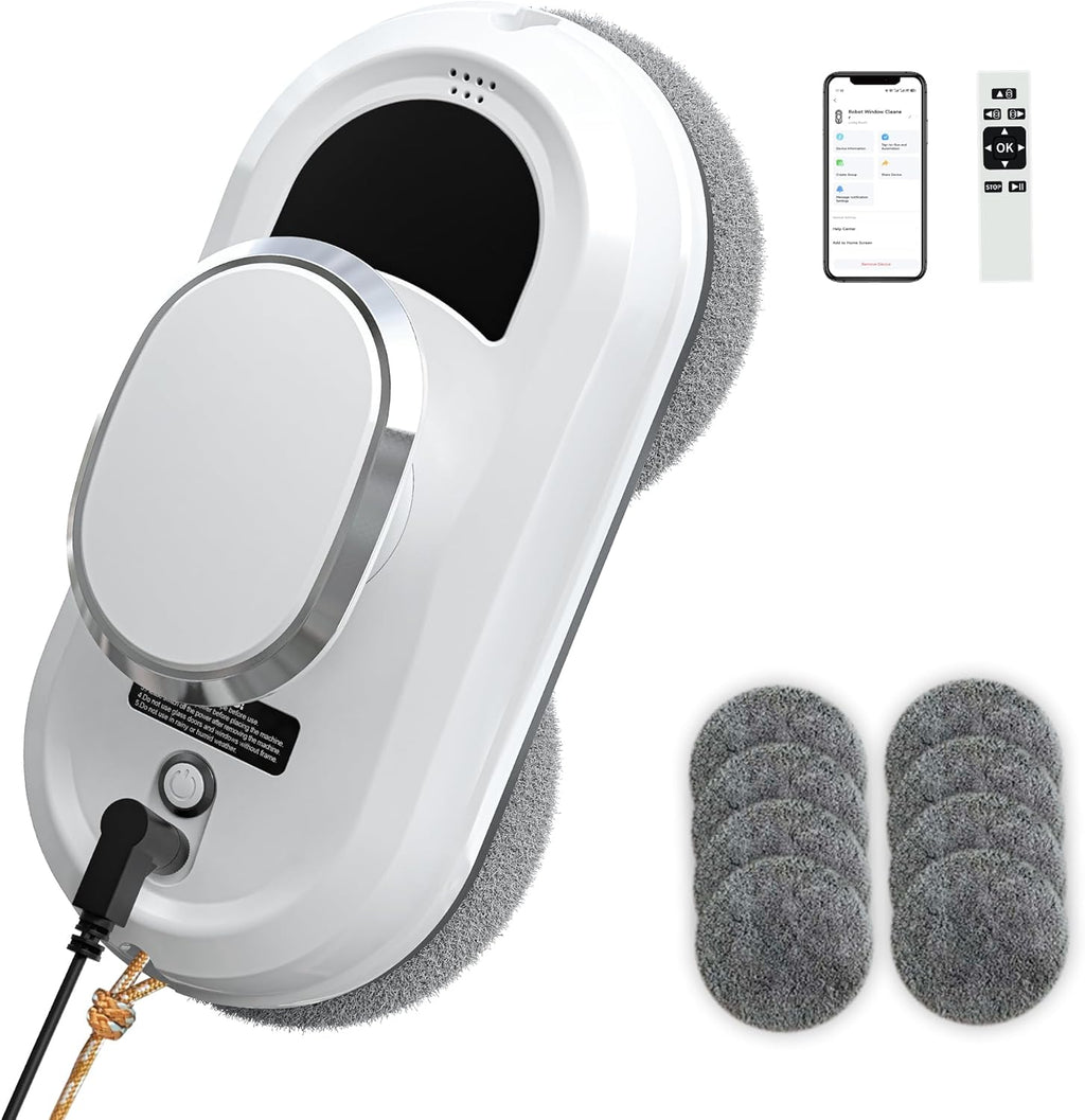 Automatic Window Cleaning Robot, Smart Robot Window Cleaner Inside/Outside, 3000Pa Suction, Intelligent Path Planning, Remote Control for high Glass, Shower, Mirror with 10 Rags(White)