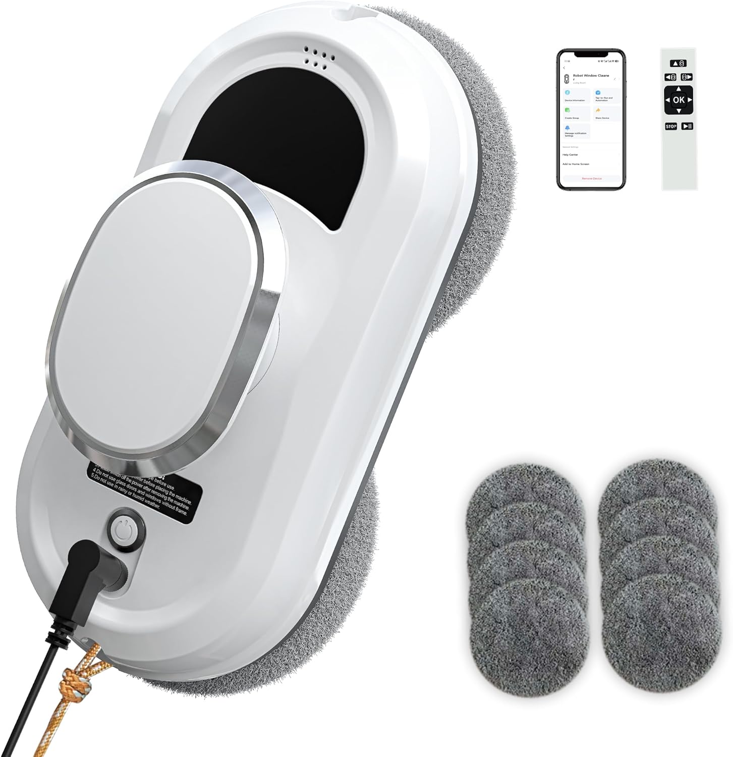 Automatic Window Cleaning Robot, Smart Robot Window Cleaner Inside/Outside, 3000Pa Suction, Intelligent Path Planning, Remote Control for high Glass, Shower, Mirror with 10 Rags(White)