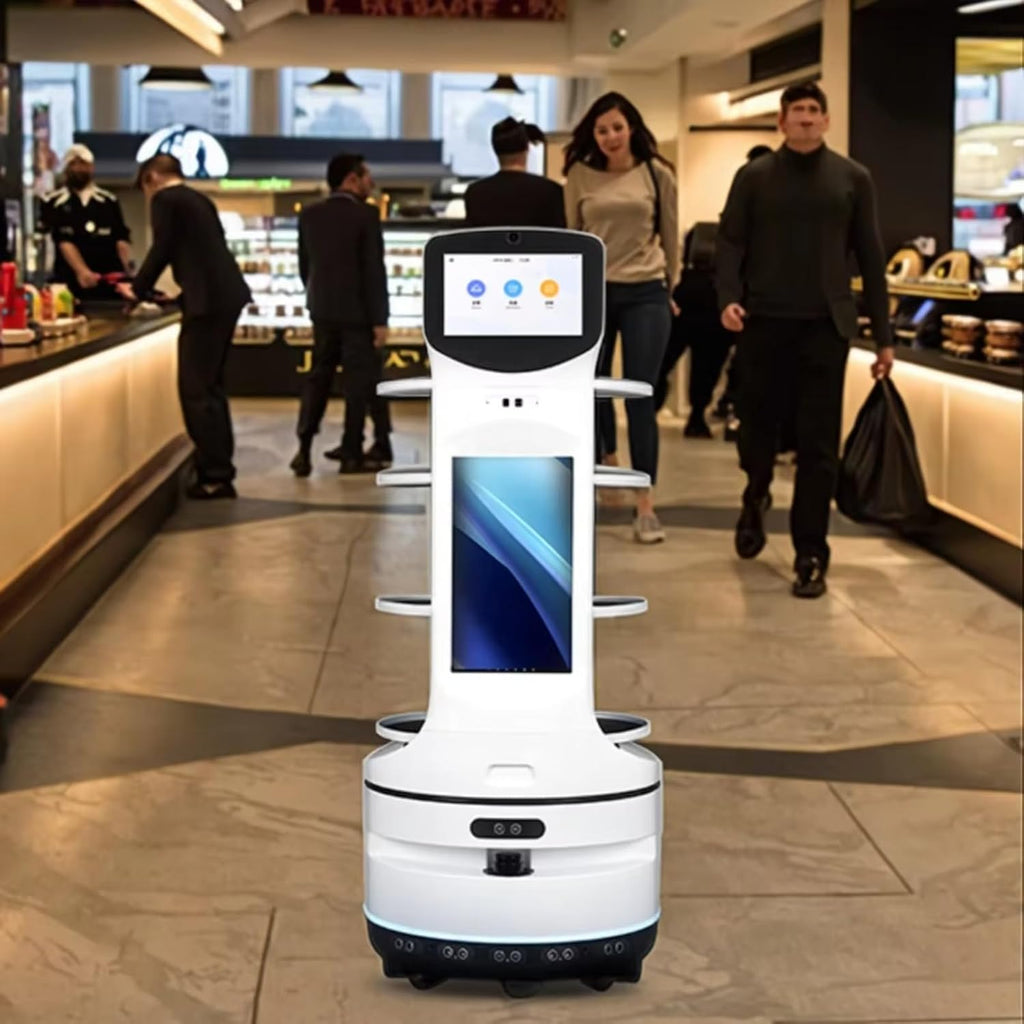 Interactive Restaurant Waiter Robot – Autonomous Food & Drink Delivery, Elevator Control, Large Tray Capacity, Self-Charging, Contactless Commercial Meal Server, Multi-Robot Coordination