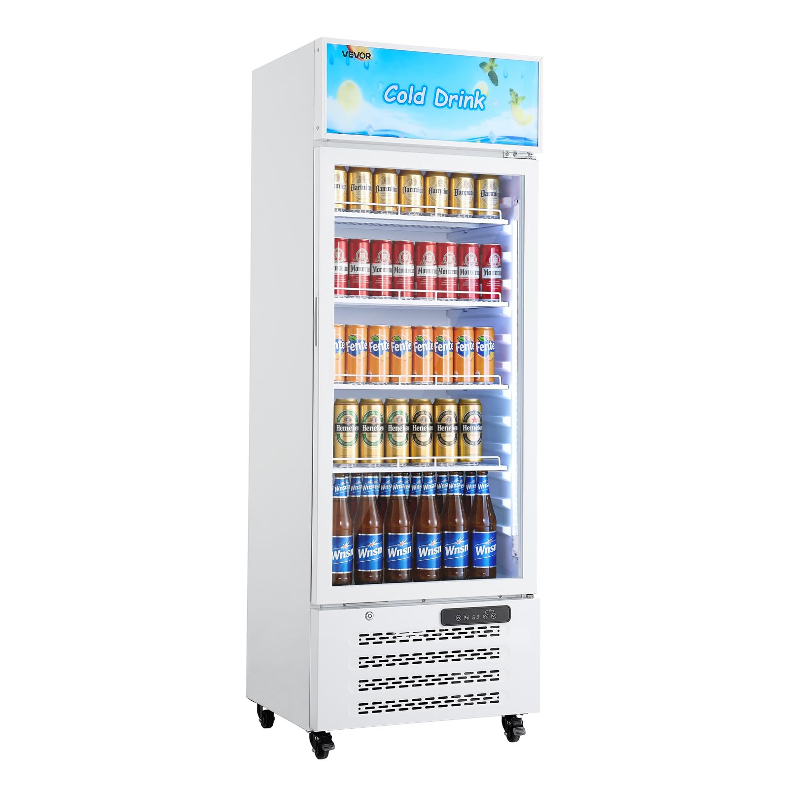 VEVOR Commercial Merchandiser Refrigerator, 6.9 Cu.Ft / 195L Glass Door Display Refrigerator, Upright Beverage Cooler Fridge with 4 Adjustable Shelves, Soft LED Light & Casters for Homes Shops Bars