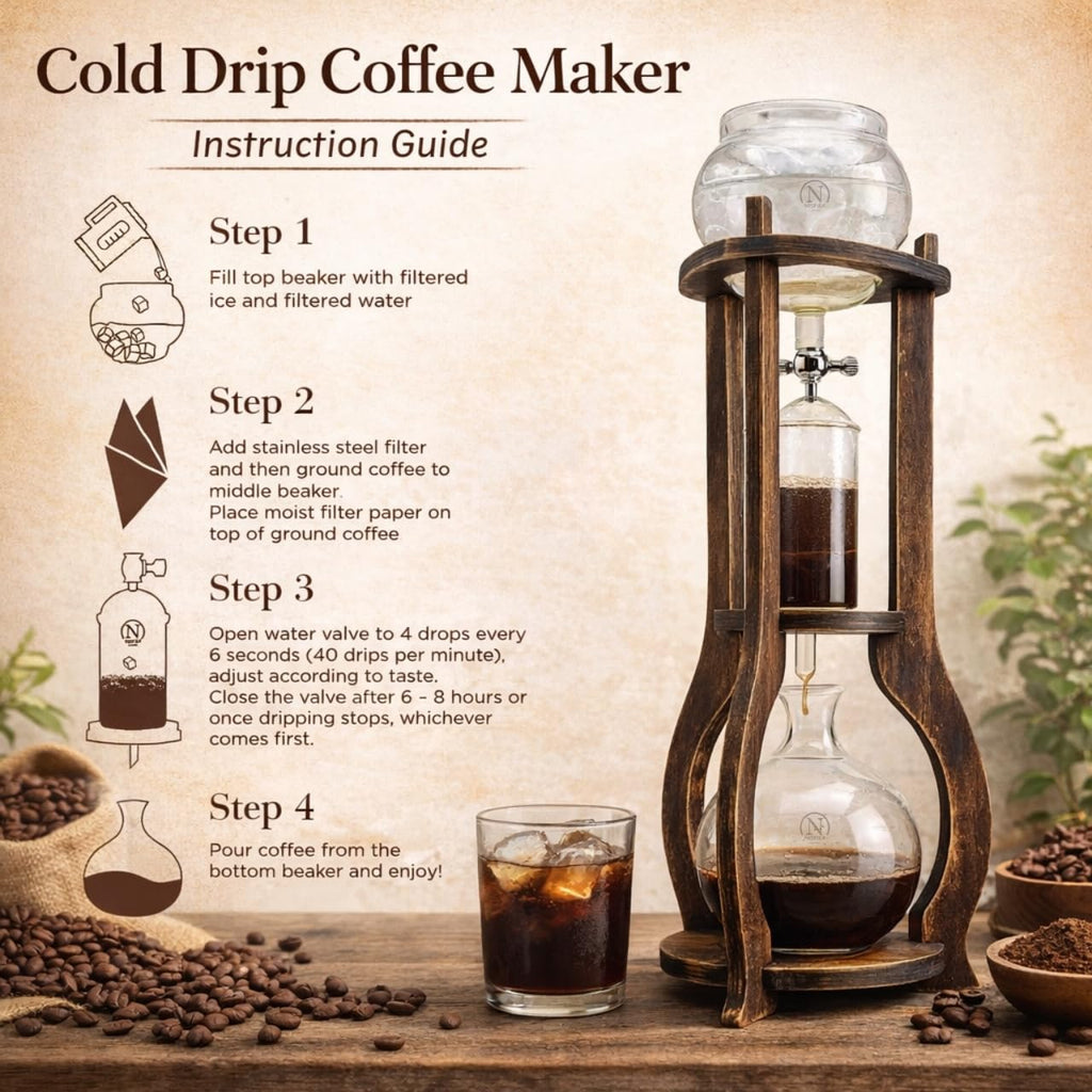 Nispira Cold Brew Drip Tower Iced Coffee Maker Glass Wooden Stand 25 Cups