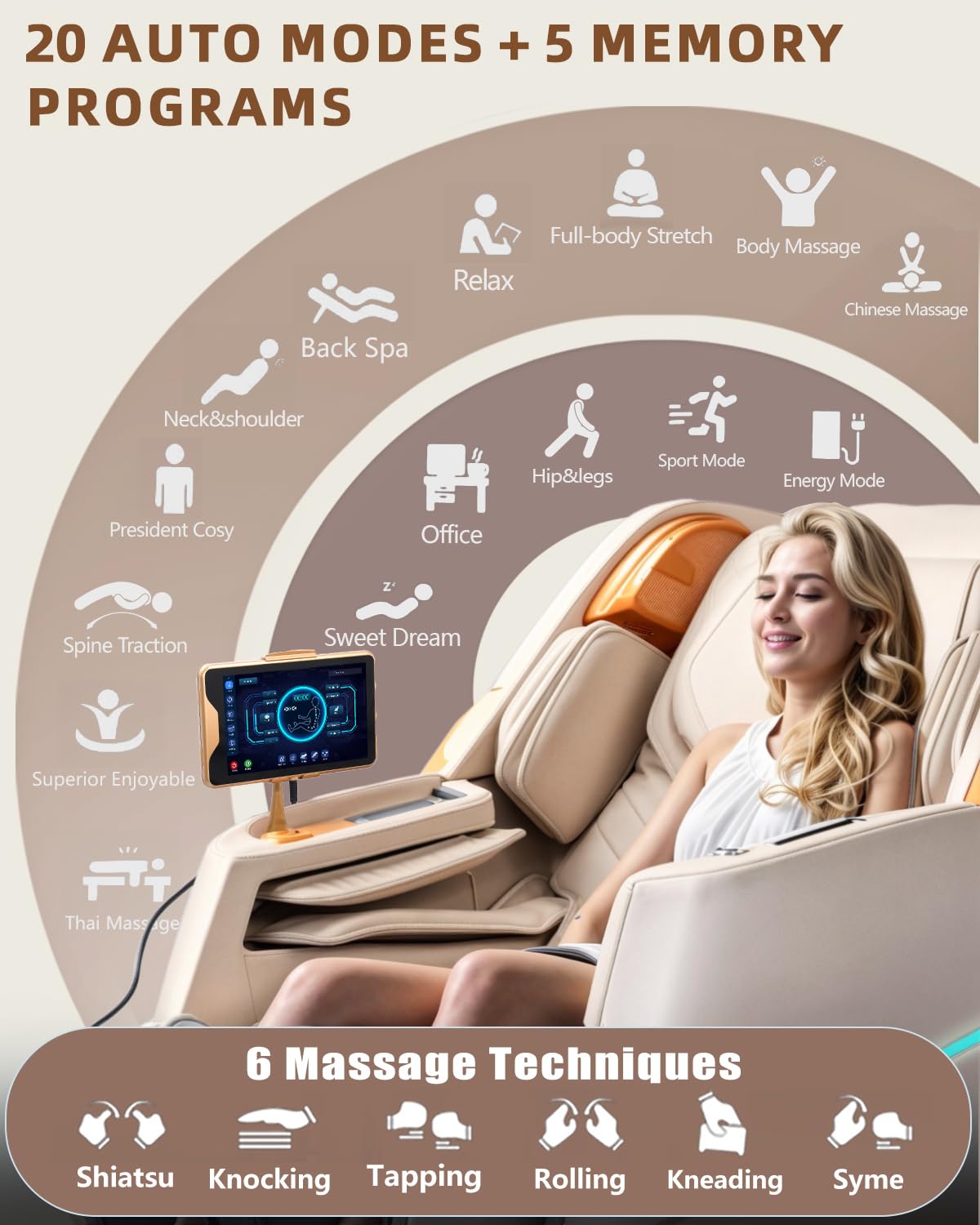 4D Full Body Massage Chair with Flexible 166° Track, Reading Light, 18 Massage Modes, 11 Techniques, 36 Airbags, Zero Gravity Recliner with Yoga Stretch and Foot Massage Beige