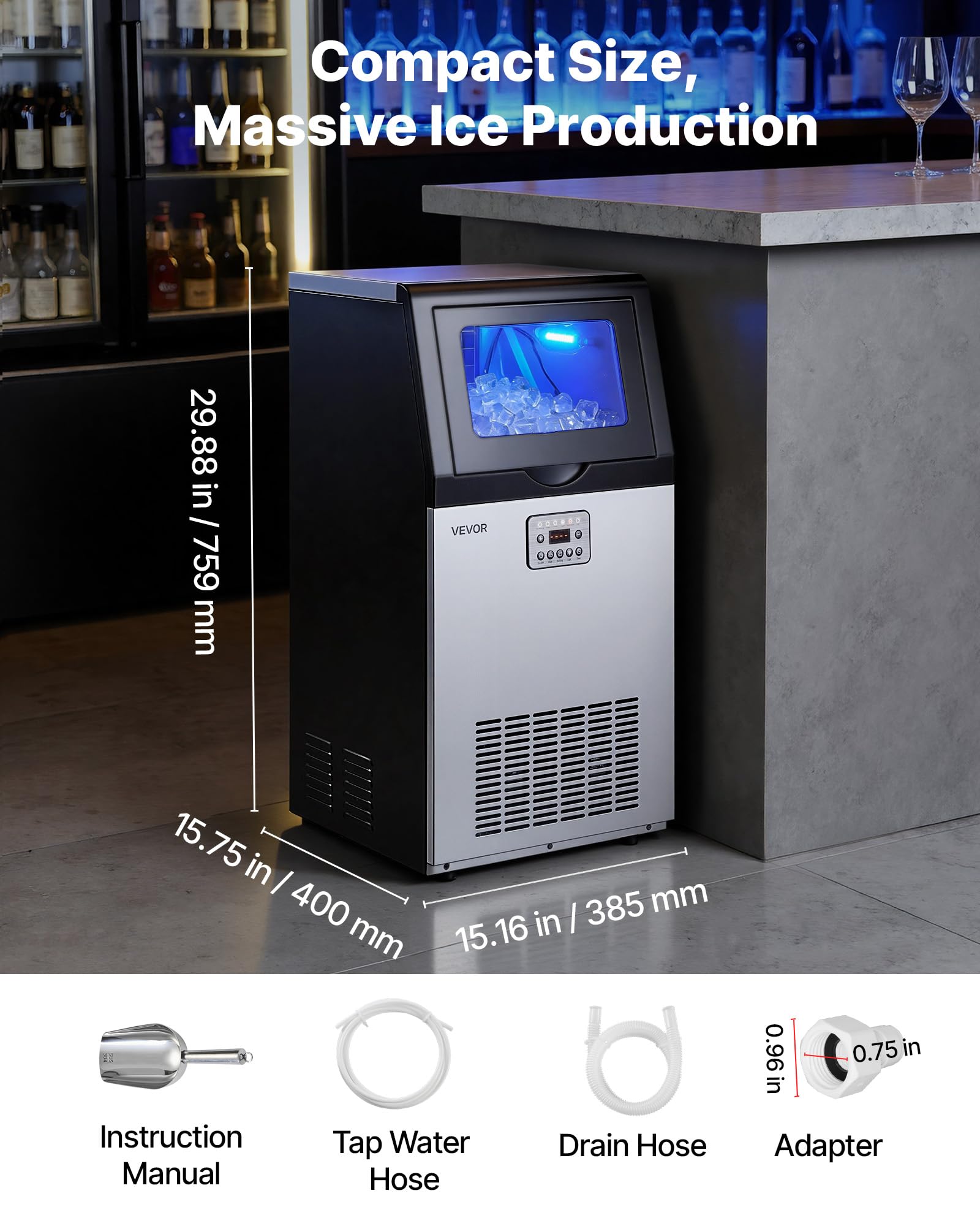 VEVOR Commercial Ice Maker Machine, 100 lbs/24h with 30-35 lbs Storage, Bullet Ice,Built-in/Freestanding/Under Counter, Stainless Steel Ice Maker with LED Display for Home Bar Restaurant