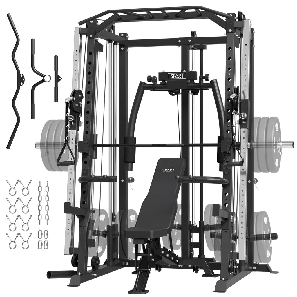 SPART Workout Station Angled Smith Machine with Bench,Cage System-Home Gym Multifunction Rack,Workout Equipment with Smith Bar, LAT Pull-Down Systems, Cable Crossover Machine and Cable Attachment