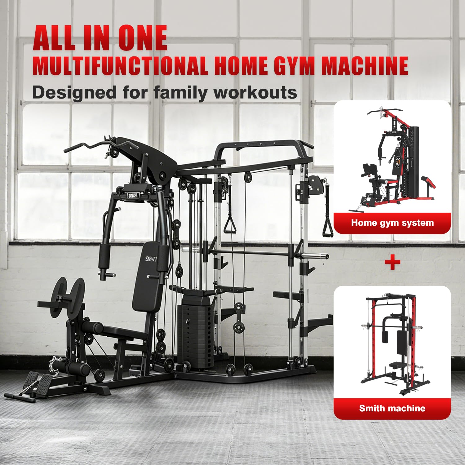 SPART All-in-One Home Gym Workout Station,Smithe Machine Home Gym Power Cage,Professional Functional Trainer for Couples & Family Strength Training,Leg Press, LAT Station for Full Body Training
