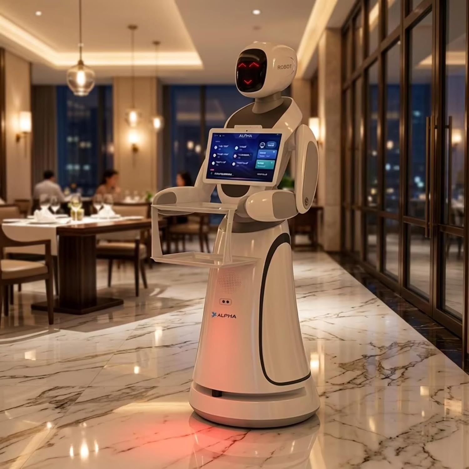 Restaurant Delivery Robot with Smart Navigation and Autonomous Obstacle Avoidance, AI Service Robot with Dual Tray, Touch Screen and Voice Assistant for Restaurant Hotel Cafe Hospitality Service
