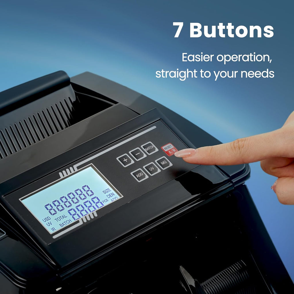 BODIOO Professional Money Counter Machine with UV/MG/IR/DD Detection, High-Speed 1000 Bills per Minute, USD and EUR Support, External LCD Display,Black