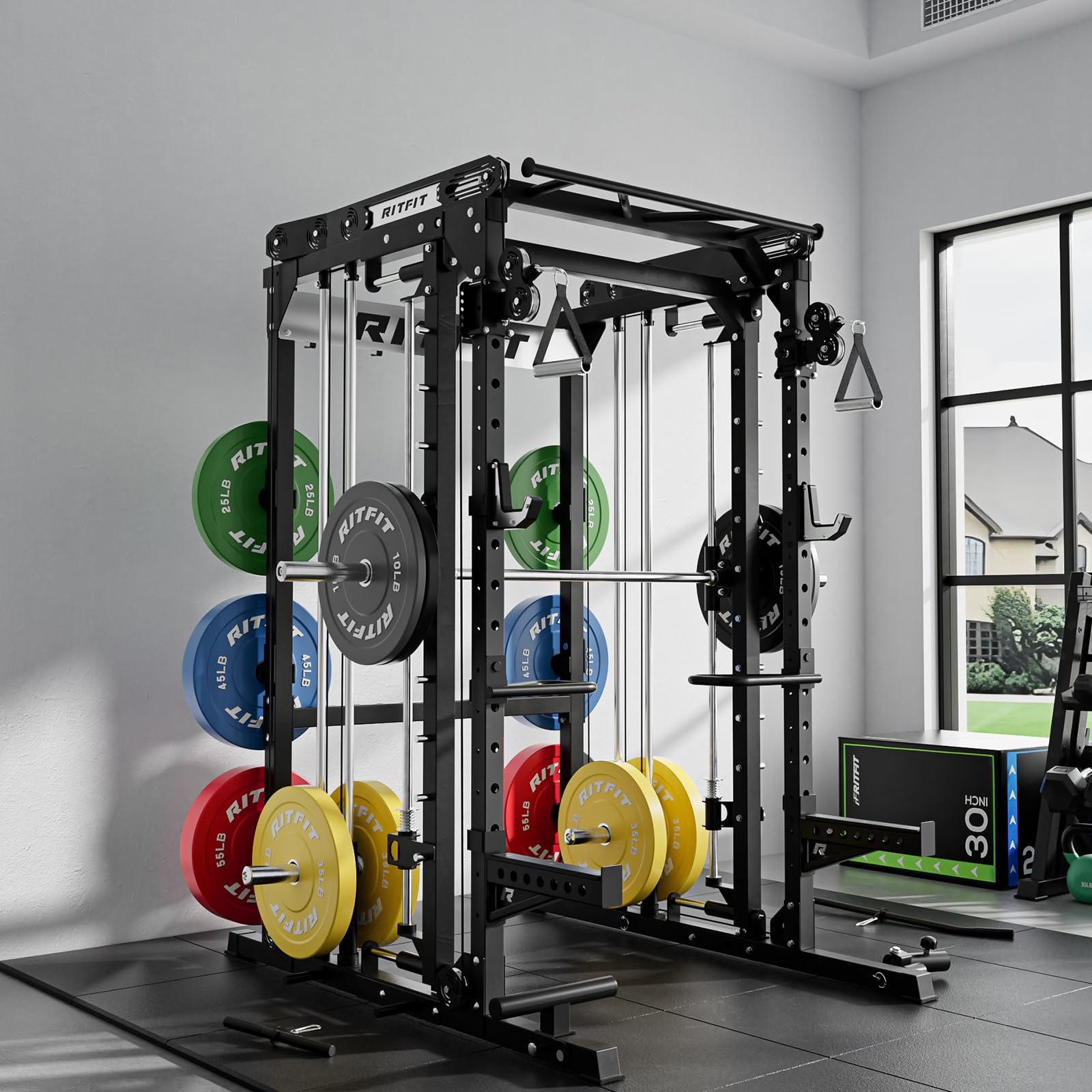 RitFit M2 3D Smith Machine & 286.6LB Built-in Weight Stack with Cable Crossover System, All in One Functional Trainer & Power Cage, 16 Adjustment Holes, 6 Storage Pegs for Full-Body Home Gym
