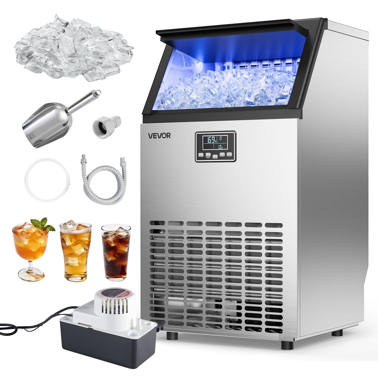 VEVOR Commercial Ice Maker Machine with Pump, 360 lbs/24h with 85 lbs Storage Capacity, Built-in/Freestanding/Under Counter, Stainless Steel Ice Maker with LED Display & Self-Cleaning, for Home Bar