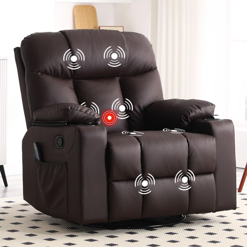 Bonzy Home Oversized Swivel Rocker Recliner, 40" Rocking Recliner Chair with Heated and Massage, PU Leather Single Sofa with Swivel Function, 2 Cup Holders for Living Room Bedroom, Black