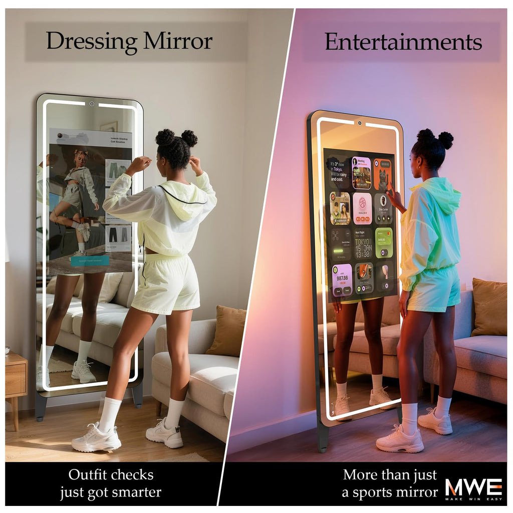 Smart Gym Mirror for Home Workout | 32" HD Touch-Screen Andriod OS | 63" Reflective Surface | No VIP Fees Support Various APPs, Music Sync LED Light Strip, for Home Gym/Yoga/Dance