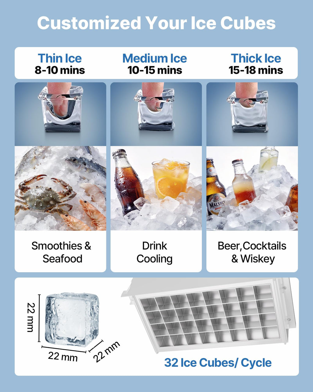 VEVOR Commercial Ice Maker Machine, 100 lbs/24h with 30-35 lbs Storage, Bullet Ice,Built-in/Freestanding/Under Counter, Stainless Steel Ice Maker with LED Display for Home Bar Restaurant