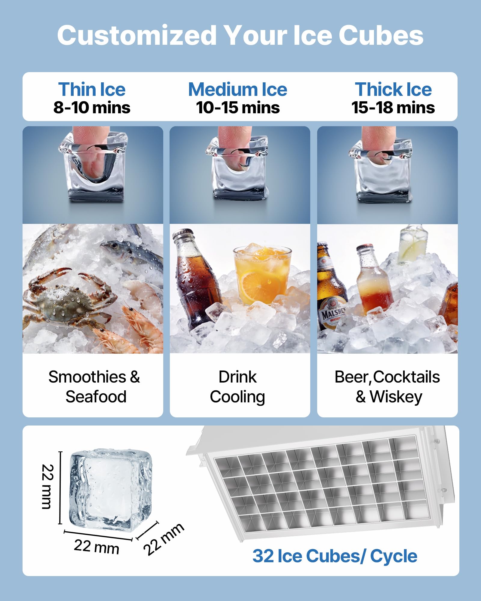 VEVOR Commercial Ice Maker Machine, 100 lbs/24h with 30-35 lbs Storage, Bullet Ice,Built-in/Freestanding/Under Counter, Stainless Steel Ice Maker with LED Display for Home Bar Restaurant