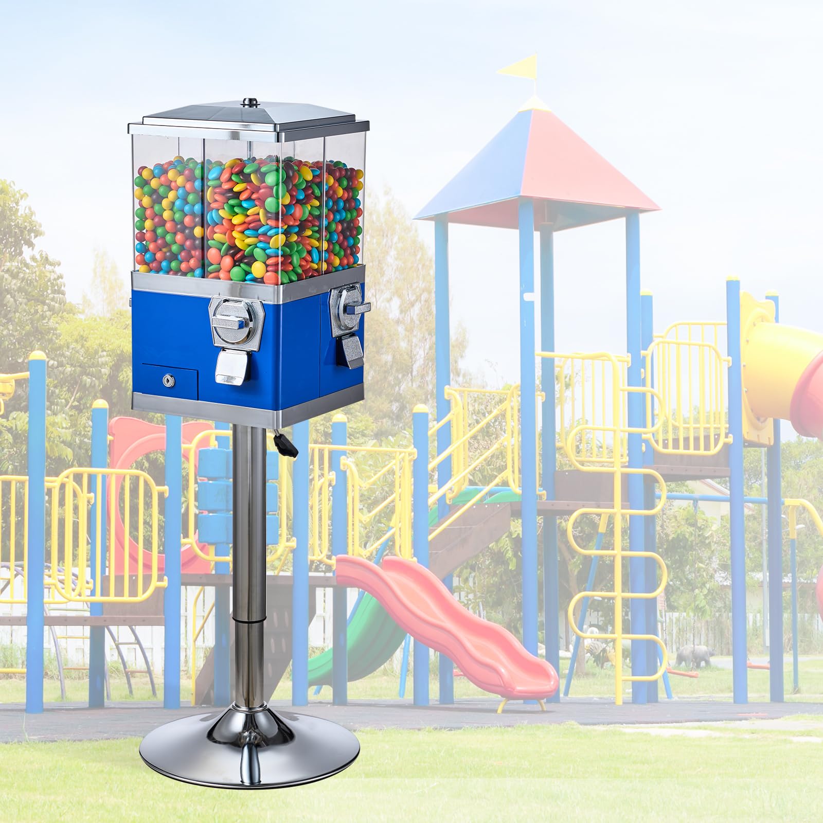 VEVOR Commercial Vending Machine, Four Compartment Rotatable Gumball and Candy Dispenser, Adjustable Height Coin Operated Candy Bank with Iron Stand, for Business Toy Capsules Bouncy Balls Nut, Blue