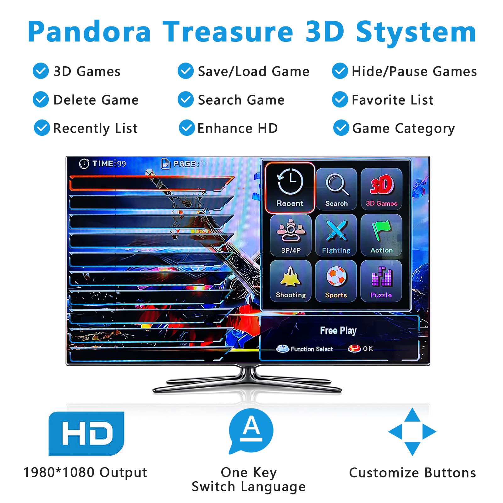 FVBADE [30000 Game in 1] 70S Pandora Box mini Arcade Console for Children Compatible PC & Projector & TV ,3D Games 1-4 Players Double Joystick Favorite List Game Category Save/Search/Hide/Pause Games