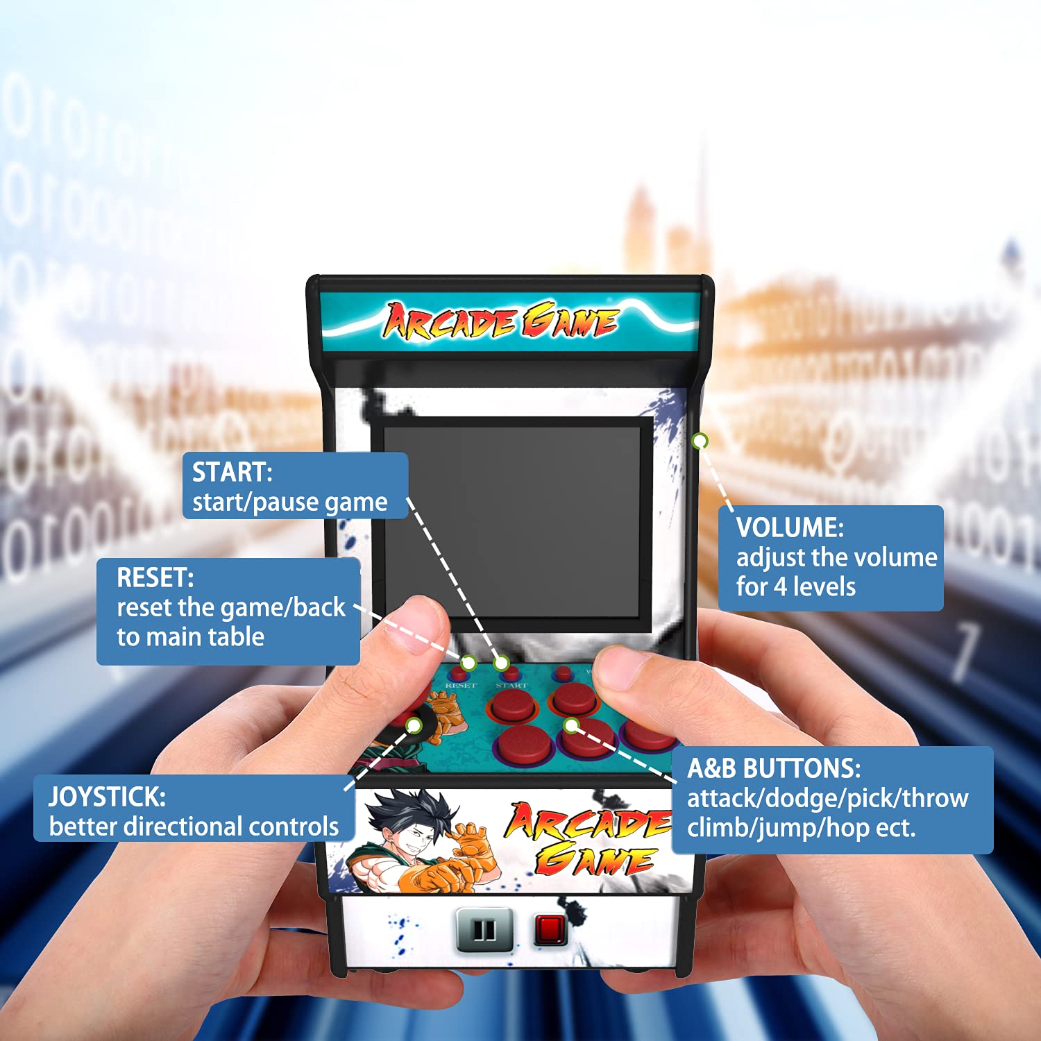 Mini Arcade Machine, Retro Gaming Console, Handheld Game Console with 156 Classic 16-Bit Video Games, 2.8 Inch Color Display, Rechargeable Battery, Support for TV Output, Birthday Present for Children