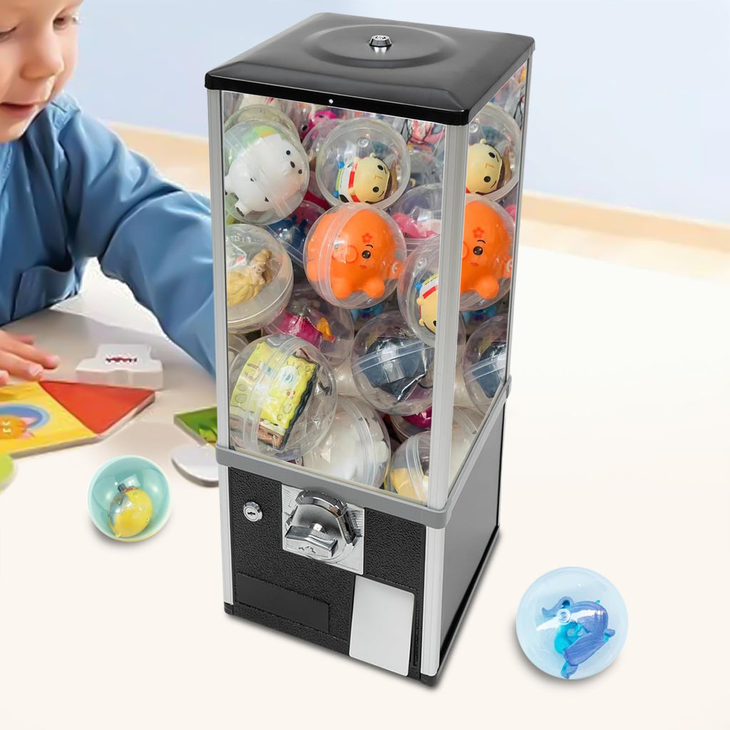 Commercial Candy Vending Machine, 4-Quarter Operated Toy Dispenser with Key Lock, 250-Capacity Capsule Vendor for Arcades Stores, 1.77-1.97in Toys (Black)