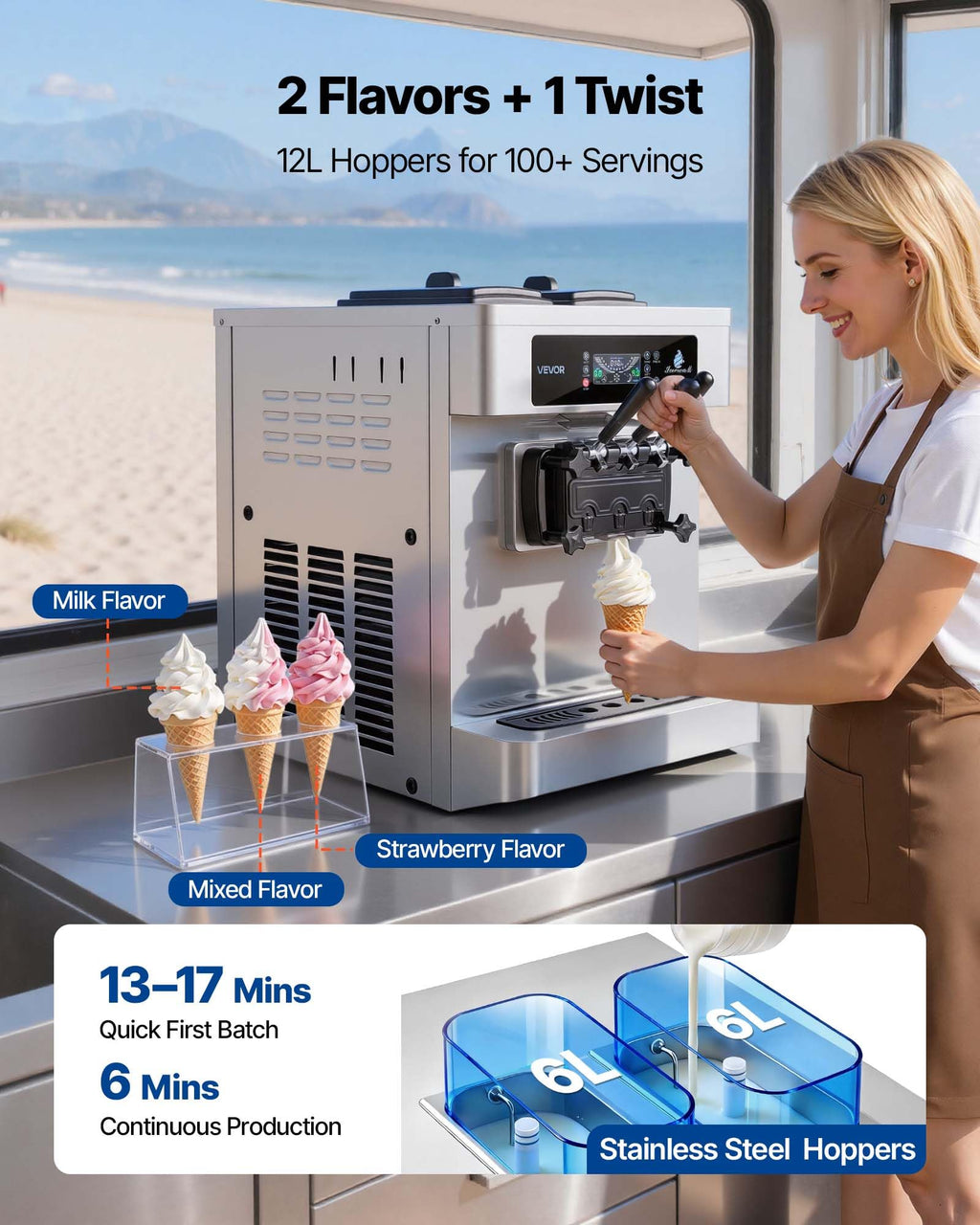 VEVOR Commercial Ice Cream Machine, 21 QT/H Soft Serve Ice Cream Maker with LCD Panel Auto Clean 3-Flavor Pre-cooling for Restaurant Snack Bar