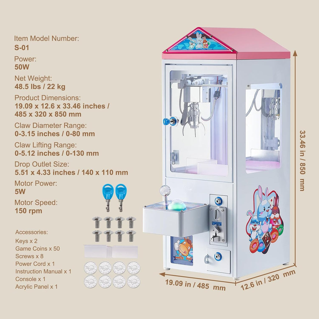 Happybuy Claw Machine, 0-3” Jaw Diameter, 0-5” Jaw Lift, Arcade Prize Grabber, Fun Vending Crane Toy for Kids, Boys & Girls, with Lights & Sound, Commercial Use, Dispenser, Colourful Design