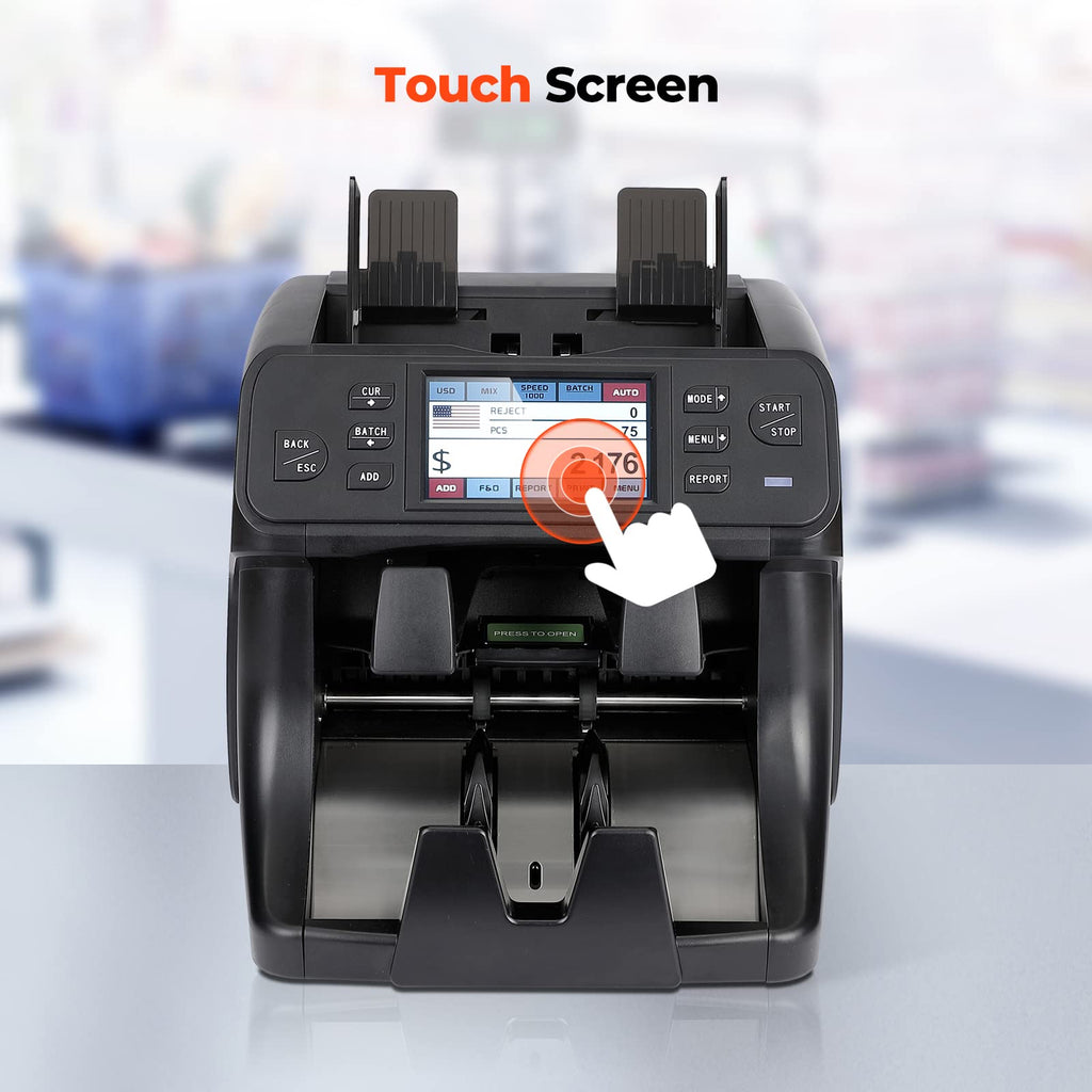 MUNBYN 2-Pocket Money Counter Machine Mixed Denomination, Money Sorter, Built-in Printer, Sort on DENOM/FACE/ORI, Value Counting, 2 CIS/UV/MG/IR Counterfeit Detection, Touch Screen, 2Y Protection