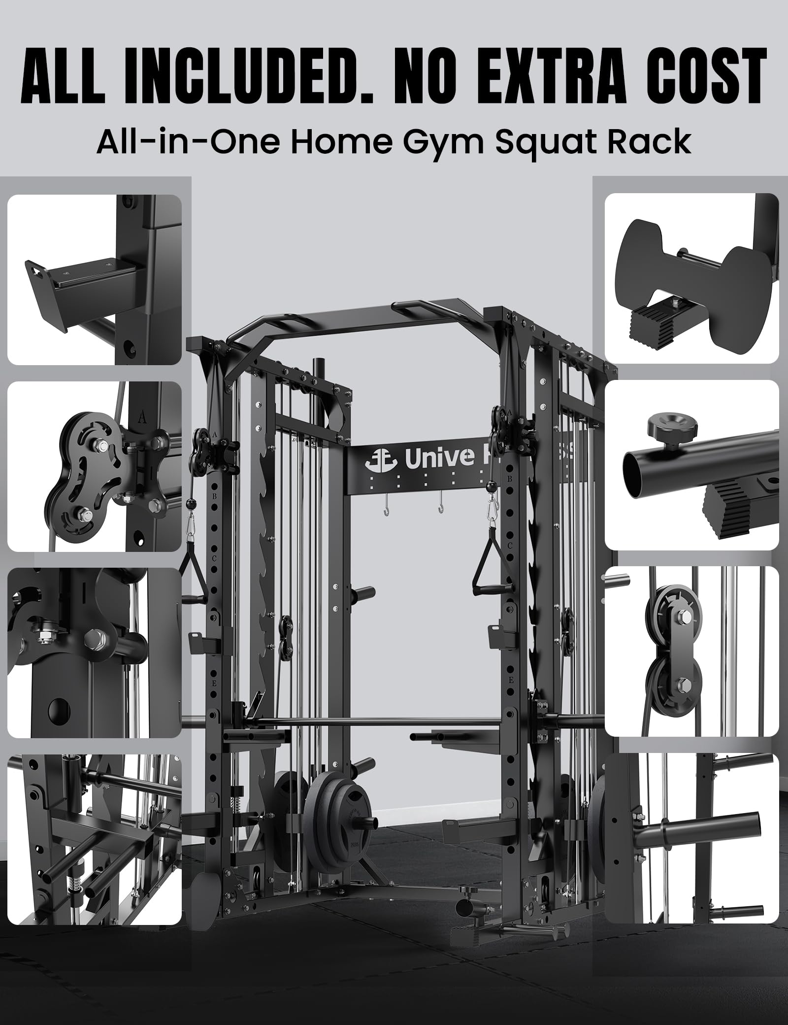 Unive Fitness Smith Machine, Commercial-Grade All-in-One Home Gym Power Cage with Squat Rack, Dual Cable Crossover & Pulley System, Complete Attachments for Full Body Workouts
