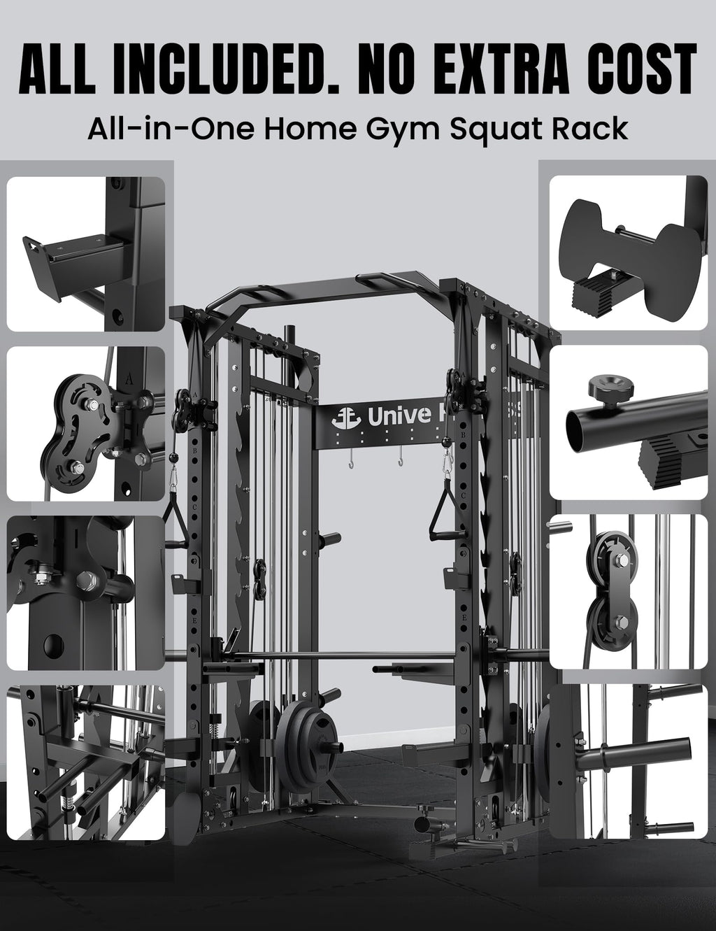 Unive Fitness Smith Machine, Commercial-Grade All-in-One Home Gym Power Cage with Squat Rack, Dual Cable Crossover & Pulley System, Complete Attachments for Full Body Workouts