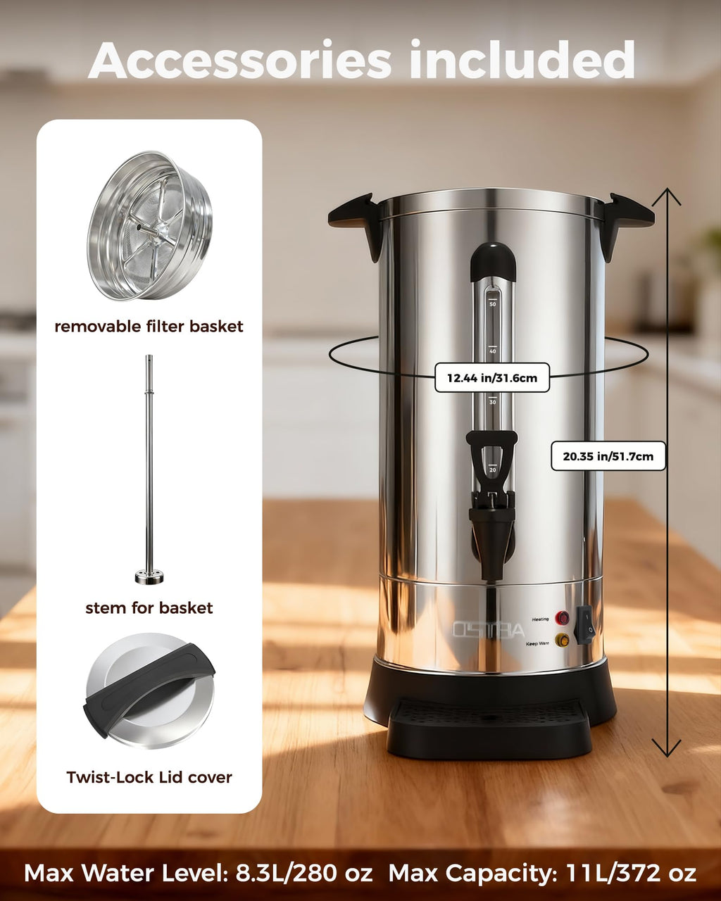 OSTBA 1500W Commercial Coffee Urn 100 Cup / 15L Large Percolator Coffee Pot, Double-Wall 304 Stainless Steel Hot Water Dispenser, Fast Brewing Electric Coffee Maker for Catering, Parties, Offices