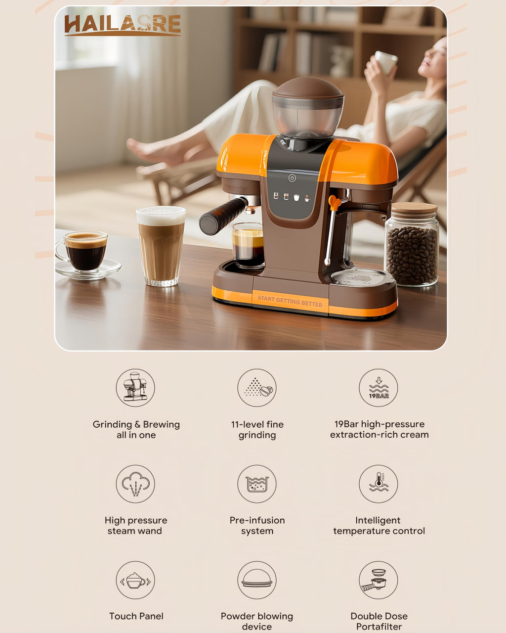 20 Bar Espresso Machine with Grinder & Steam Wand - Semi Automatic Coffee Maker, NTC Intelligent Temp Control, 58mm Stainless Steel Portafilter, One-Touch Panel for Home Barista (BLACK)