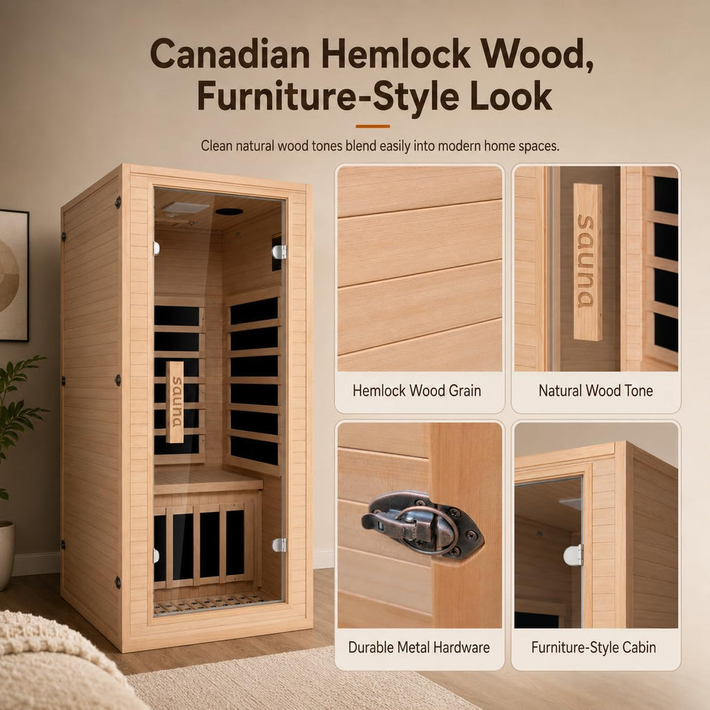1350W Far Infrared Home Sauna, Energy-Efficient Fast-Heating Indoor Sauna Room with Bluetooth & 7-Color Therapy, Canadian Hemlock Wood, Modular Design - Ideal for Home Gym, Family Relaxation