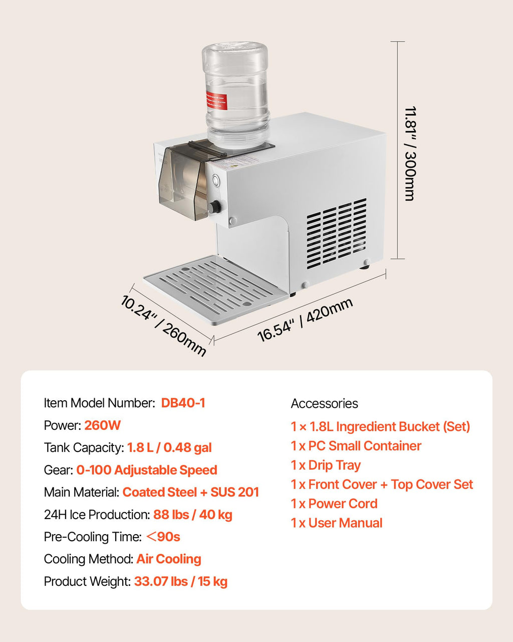 VEVOR Snowflake Ice Machine, 176LBS/24H Snowflake Ice Maker, Ice-Shaver Machine with Stainless Steel Blade, Electric Snow Cone Maker with 0.48Gal Tank, 90S Fast Pre-Cooling, for Home & Small Gathering