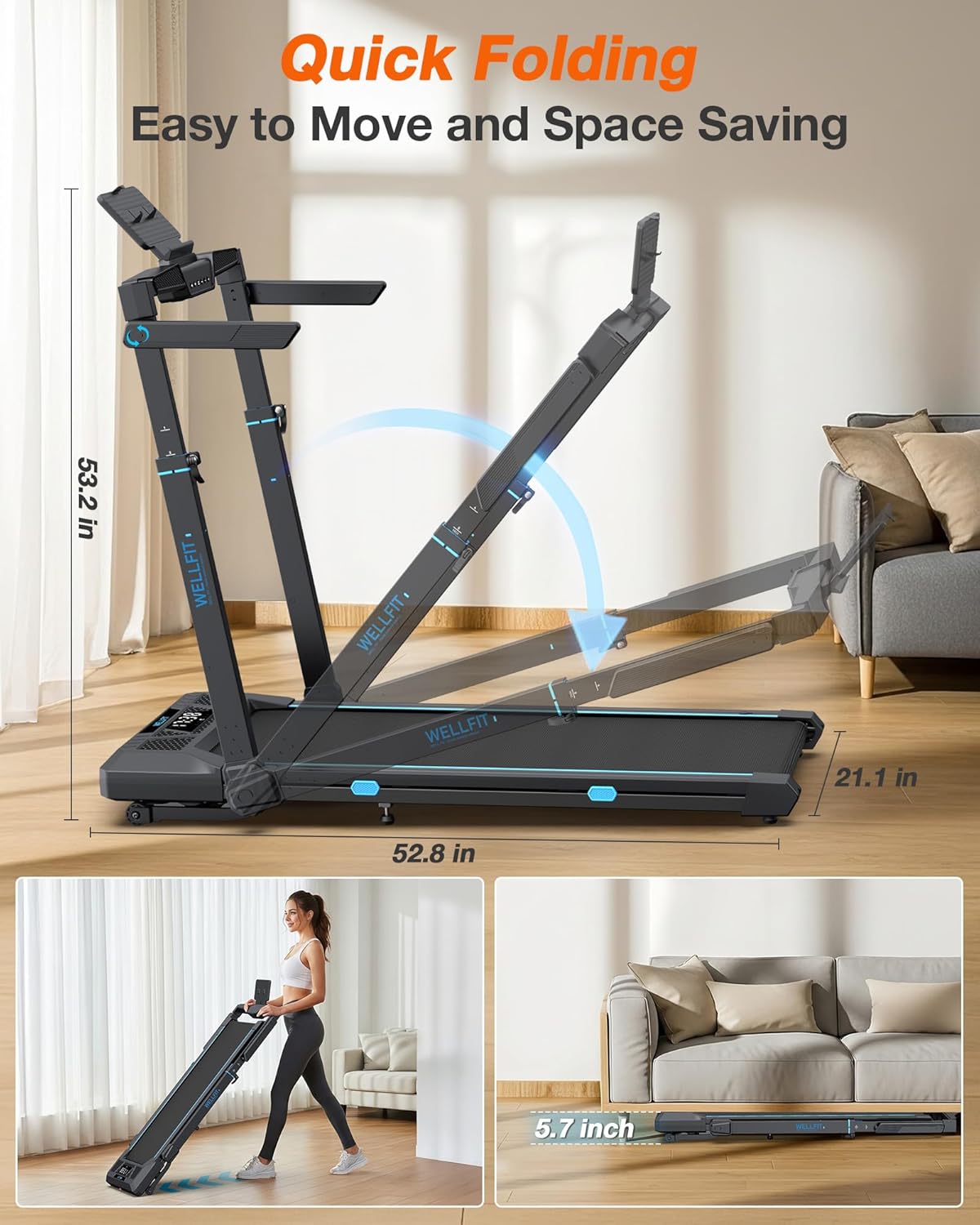 WELLFIT Treadmill with Auto Incline, 4 in 1 Foldable Treadmills for Home with Adjustable Height, 3.5HP Quiet Under Desk Treadmill, 400 LBS Capacity Portable Walking Pad with App, Space-Saving Design