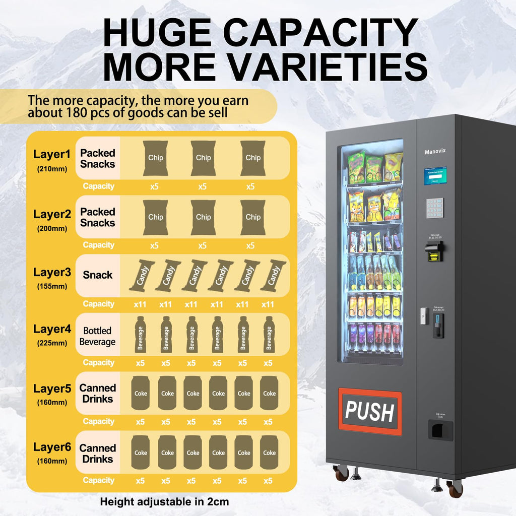 Manovix Refrigerated Beverage Snack Combo Vending Machine for Business, 36 Slots Snacks Drink Commercial Vending Machine Durable Cold Soda with Bill and Coin Acceptor