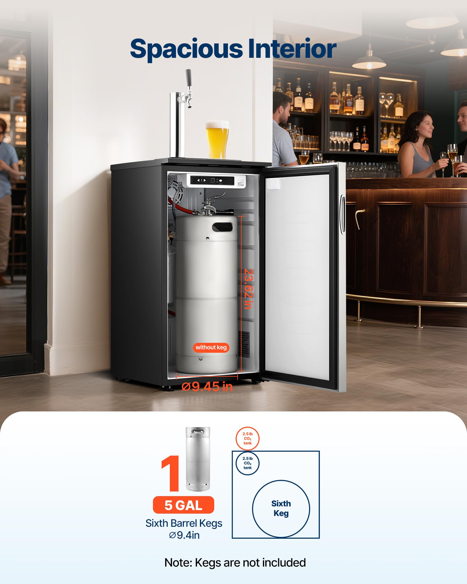 VEVOR Beer Kegerator, Dual Tap Commercial Draft Beer Dispenser for D system, Full Size Keg Refrigerator with 5lbs CO2 Tank, Hold 2 Sixth / 2 Ball lock keg, Black